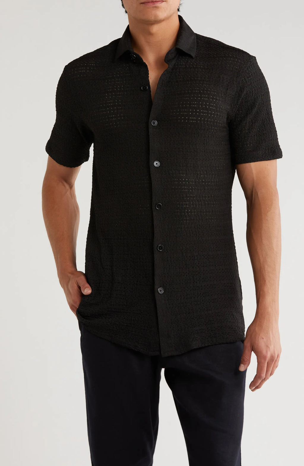 TRSH-211 Textured Knit Short Sleeve Button-Up Shirt
