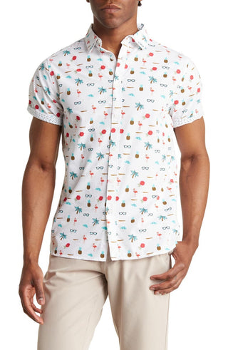 Floral Print Short Sleeve Button-Up Shirt T-1009