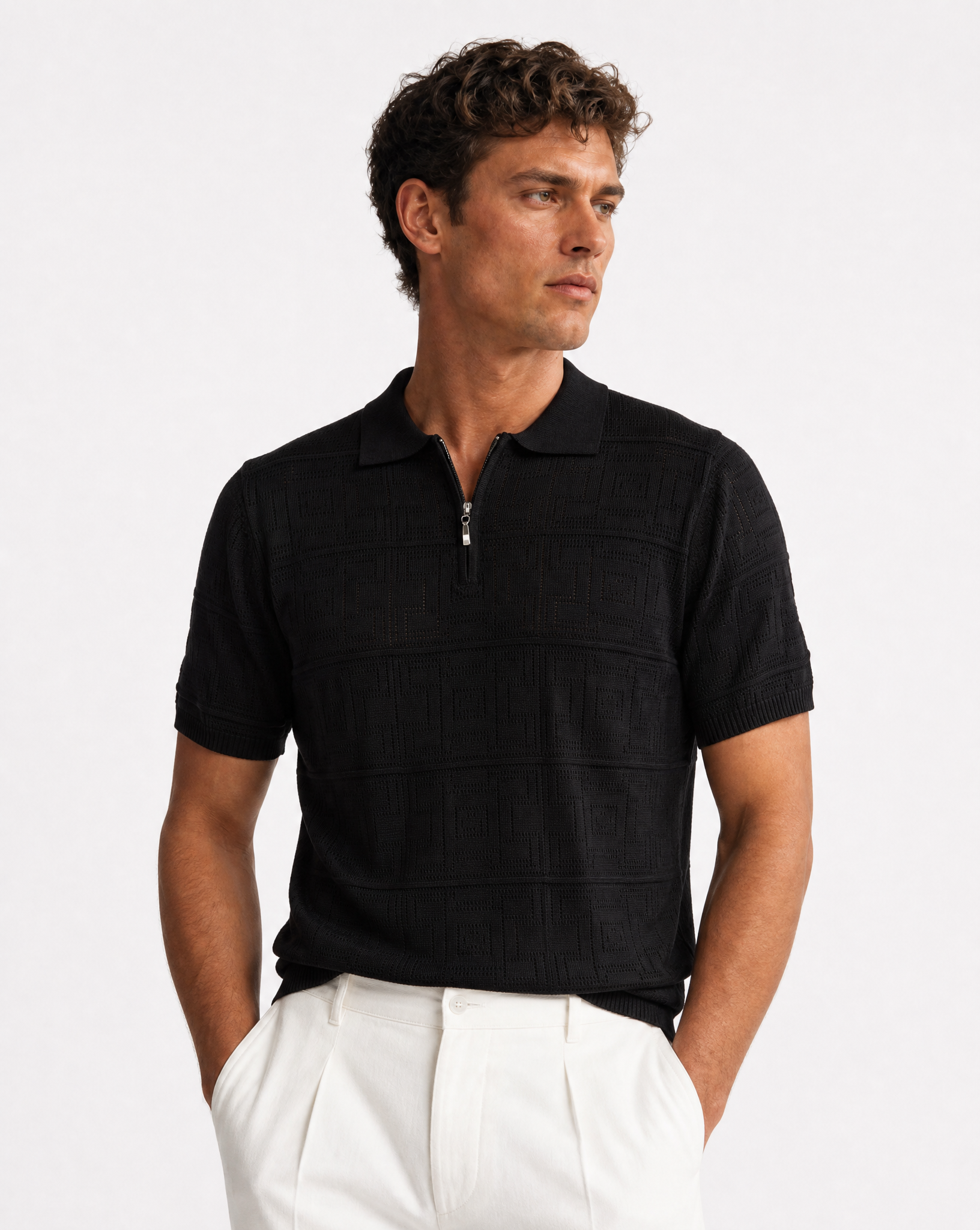 TRCK-11564-Geometric Pointelle Half Zip Sweater Polo