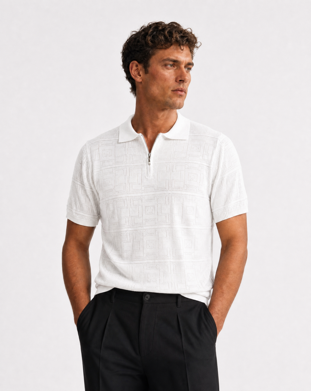 TRCK-11564-Geometric Pointelle Half Zip Sweater Polo