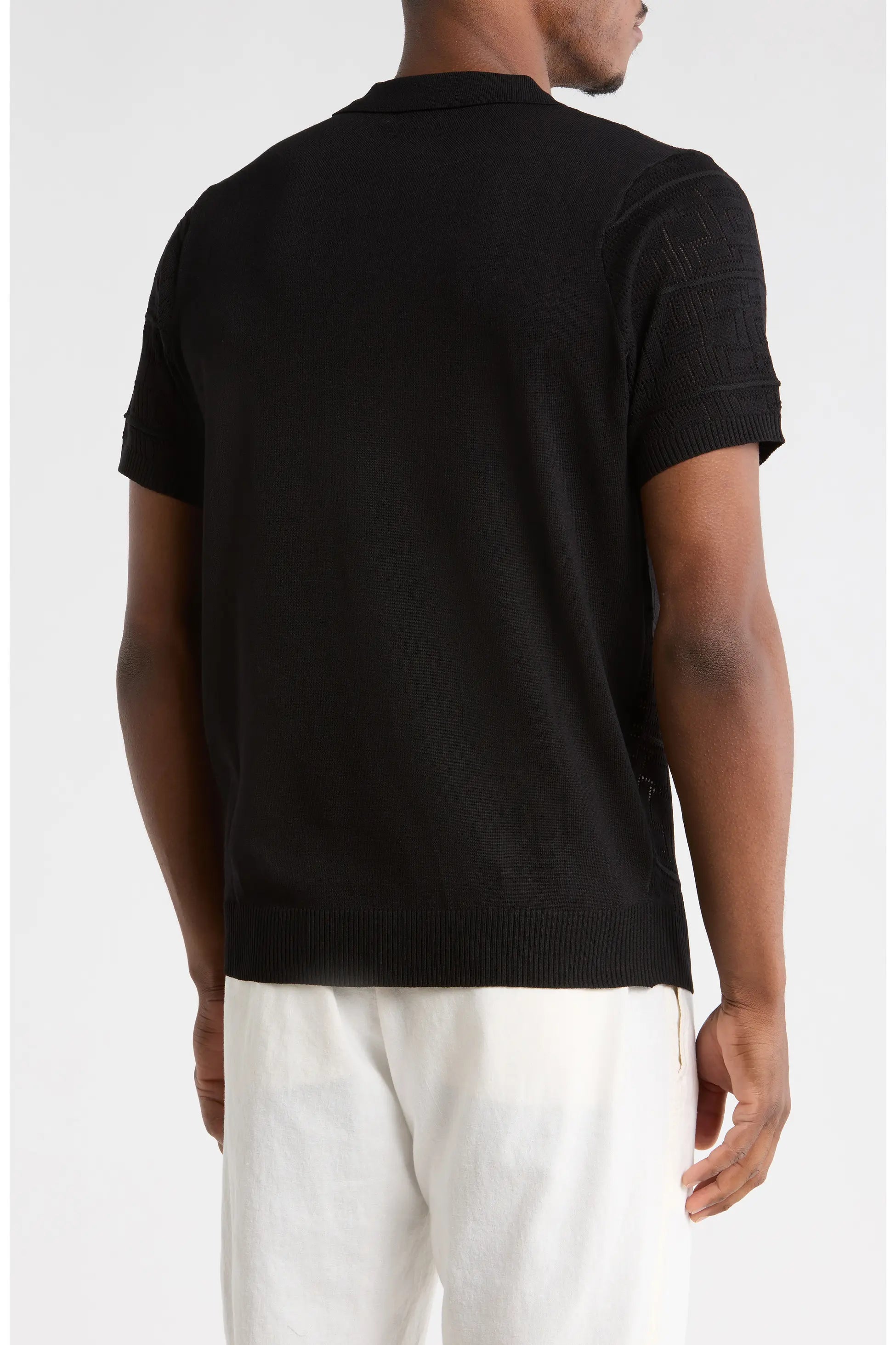 TRCK-11564-Geometric Pointelle Half Zip Sweater Polo