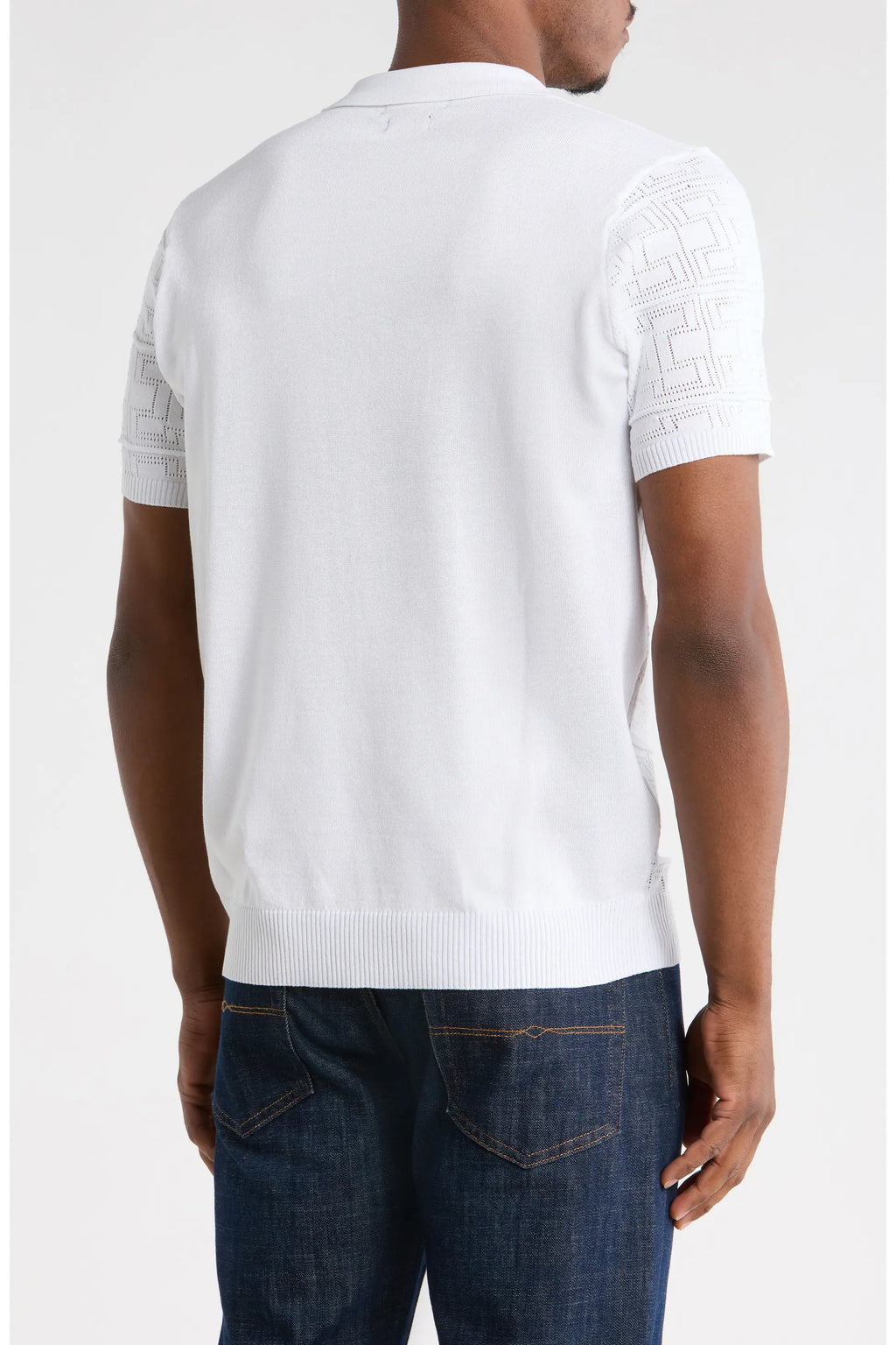 TRCK-11564-Geometric Pointelle Half Zip Sweater Polo
