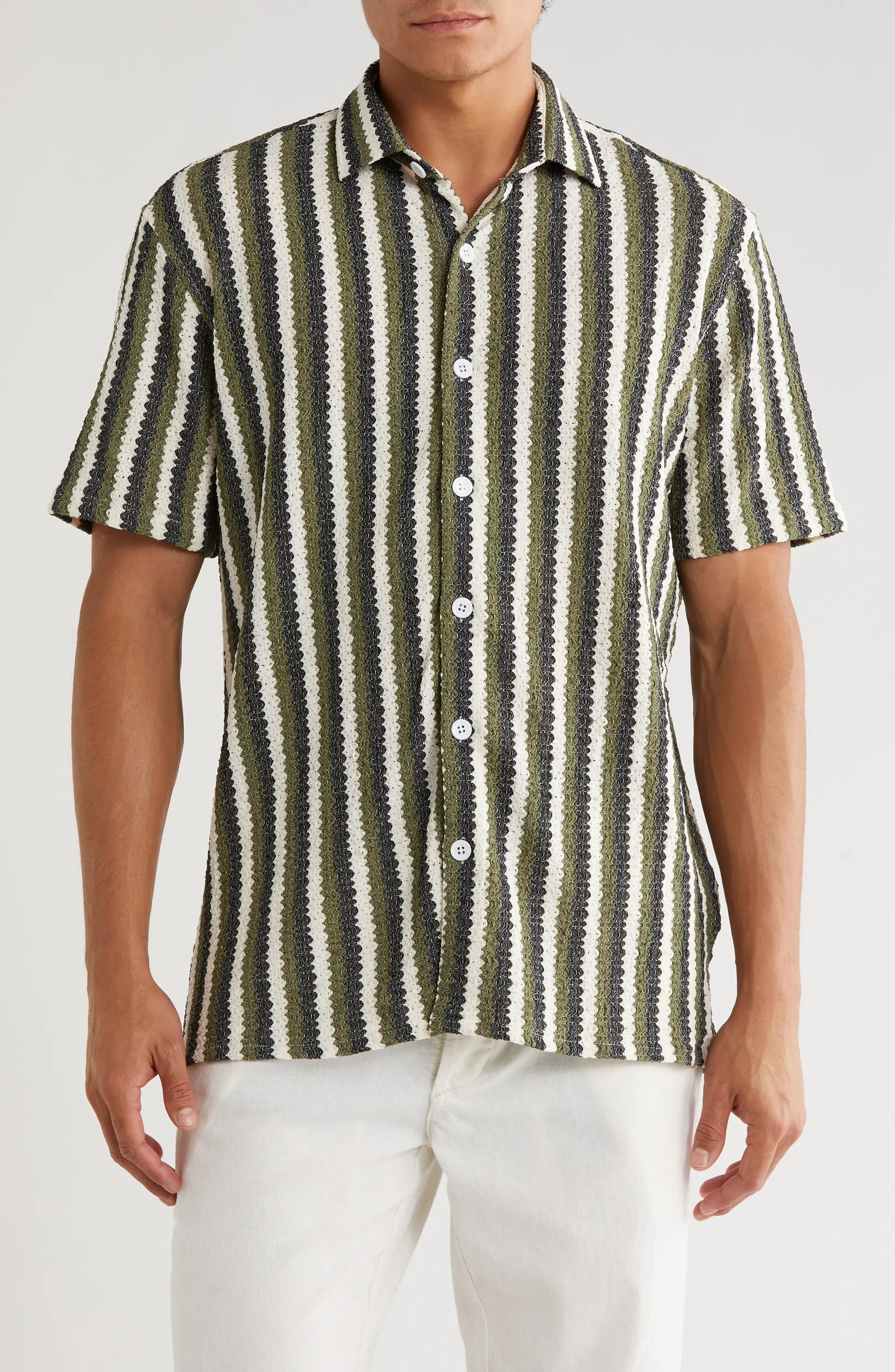 TRSH-217 Stripe Knit Short Sleeve Button-Up Shirt