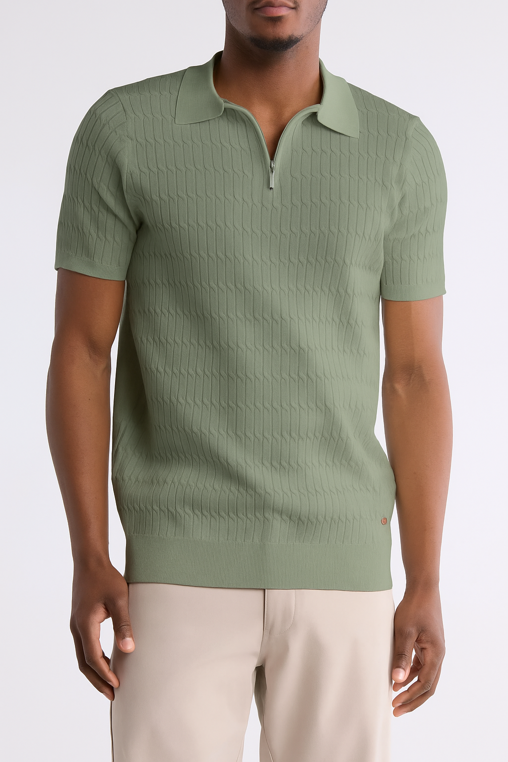 TRCK-11543 Textured Sweater Knit Zip Polo