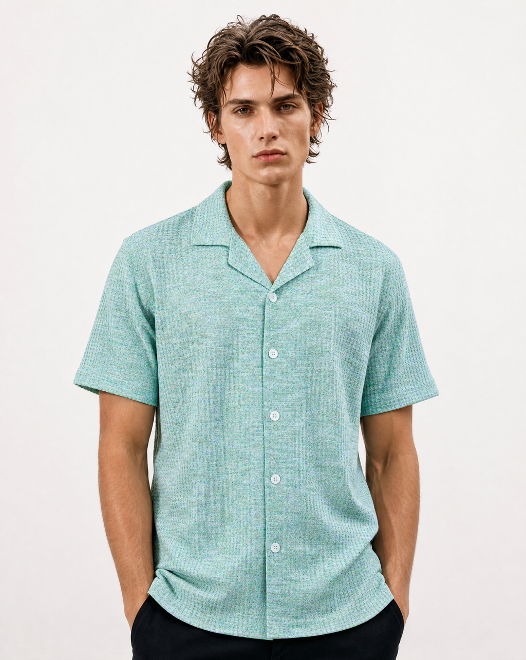 TRSH-215 Mélange Short Sleeve Button-Up Shirt