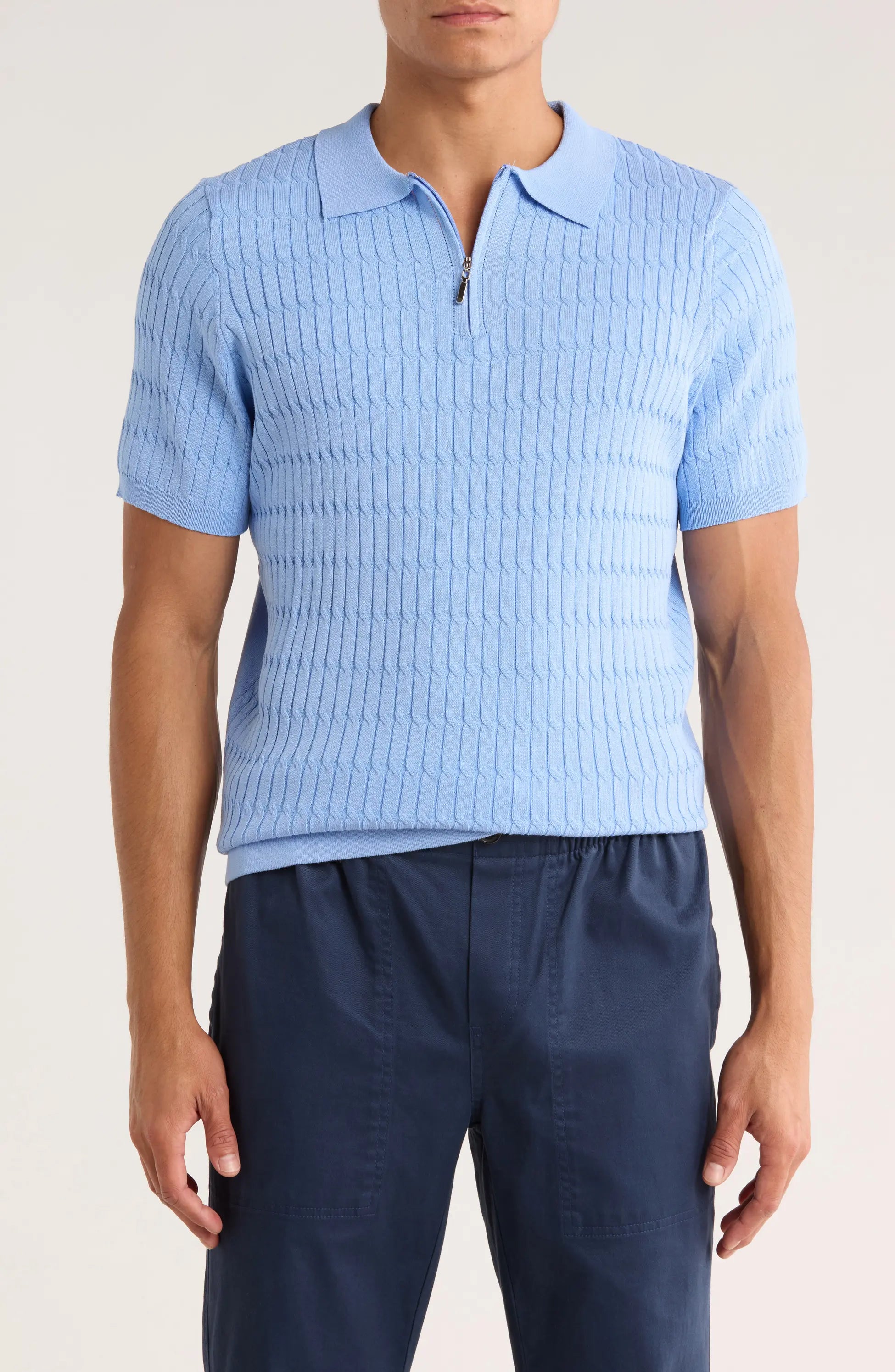 TRNS-543 Cable Knit Short Sleeve Half Zip Sweater