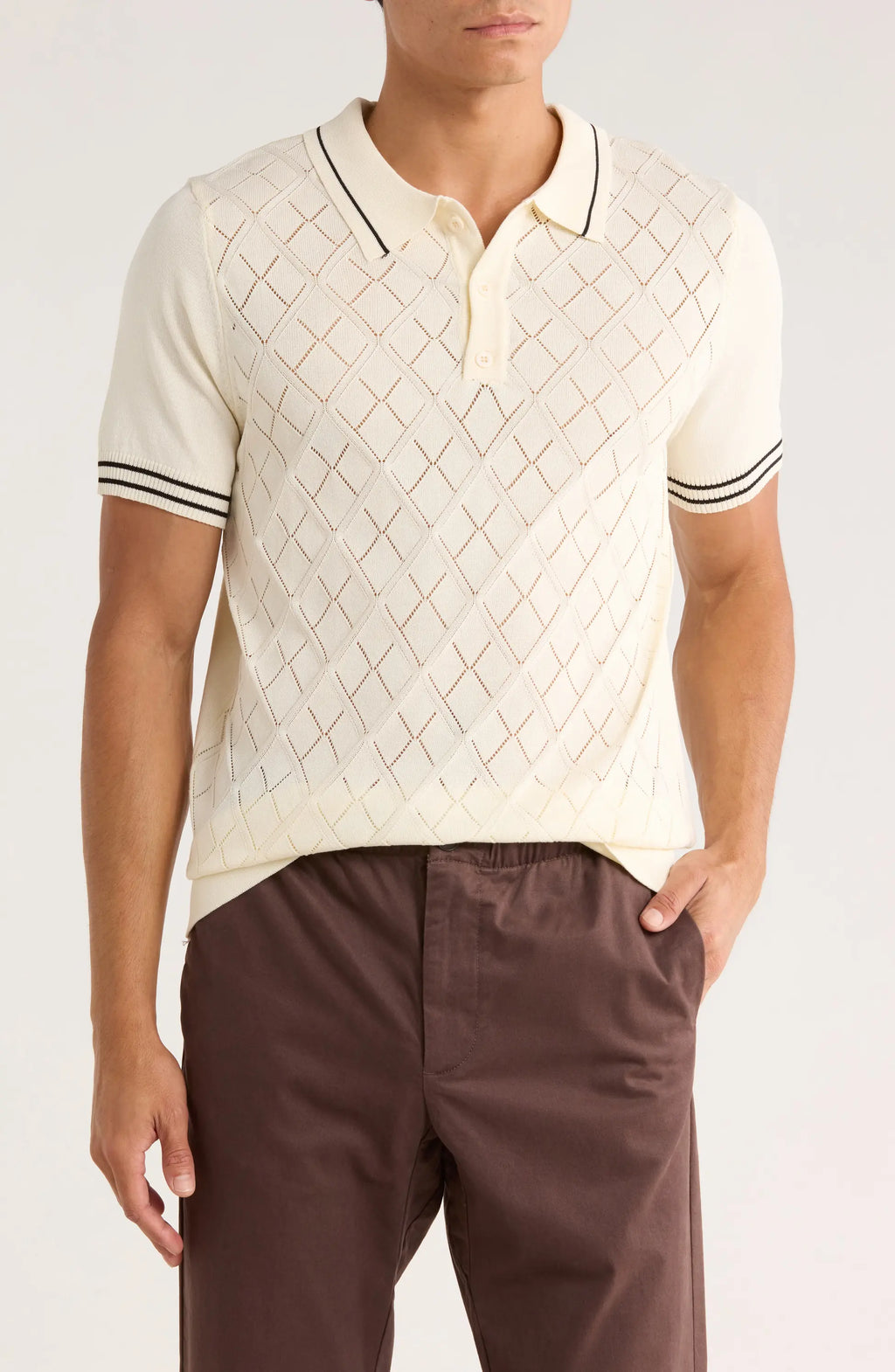 TRNS-547 Tipped Diamond Knit Short Sleeve Sweater