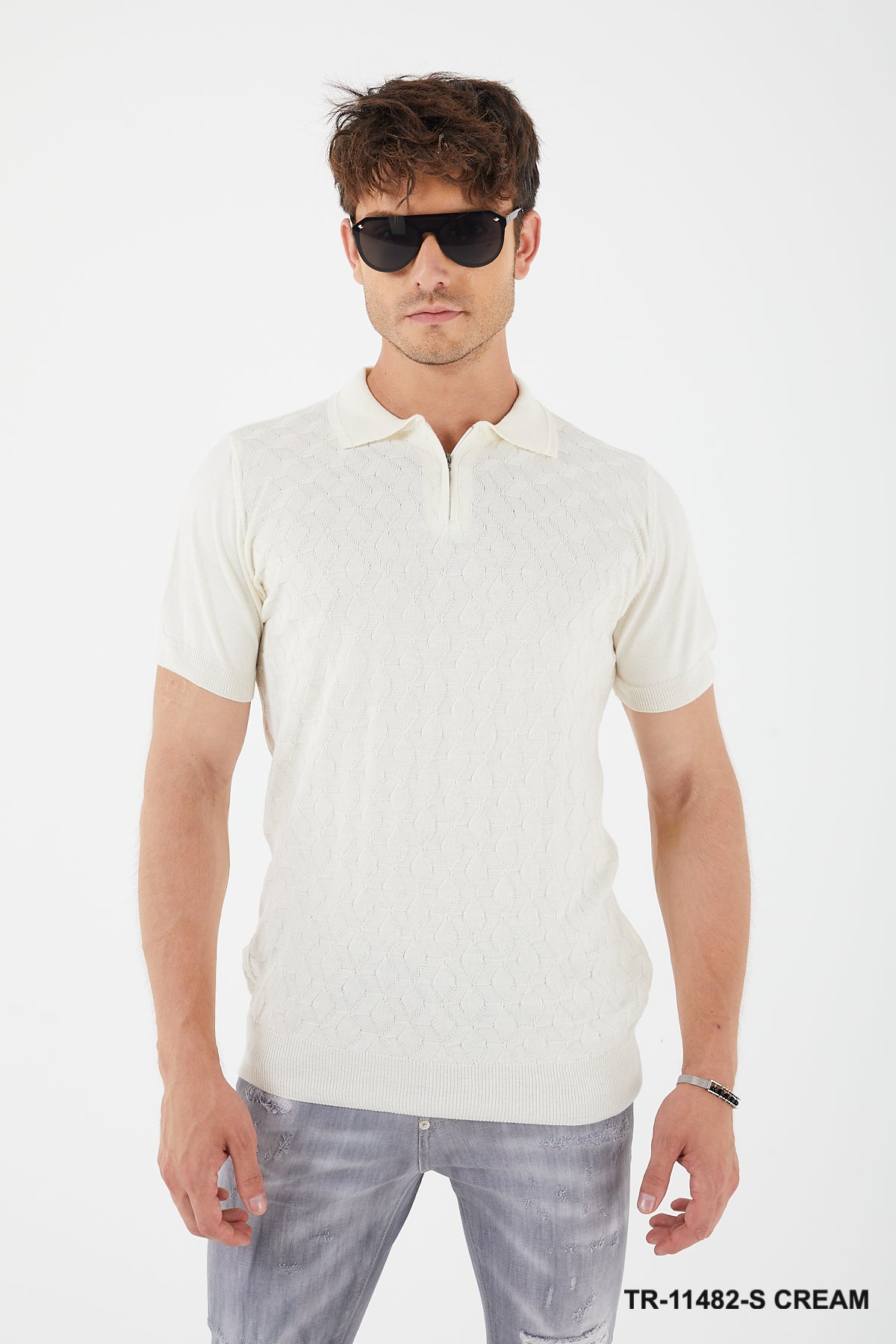 Short Sleeve Textured Knit Zip Polo TR-11482