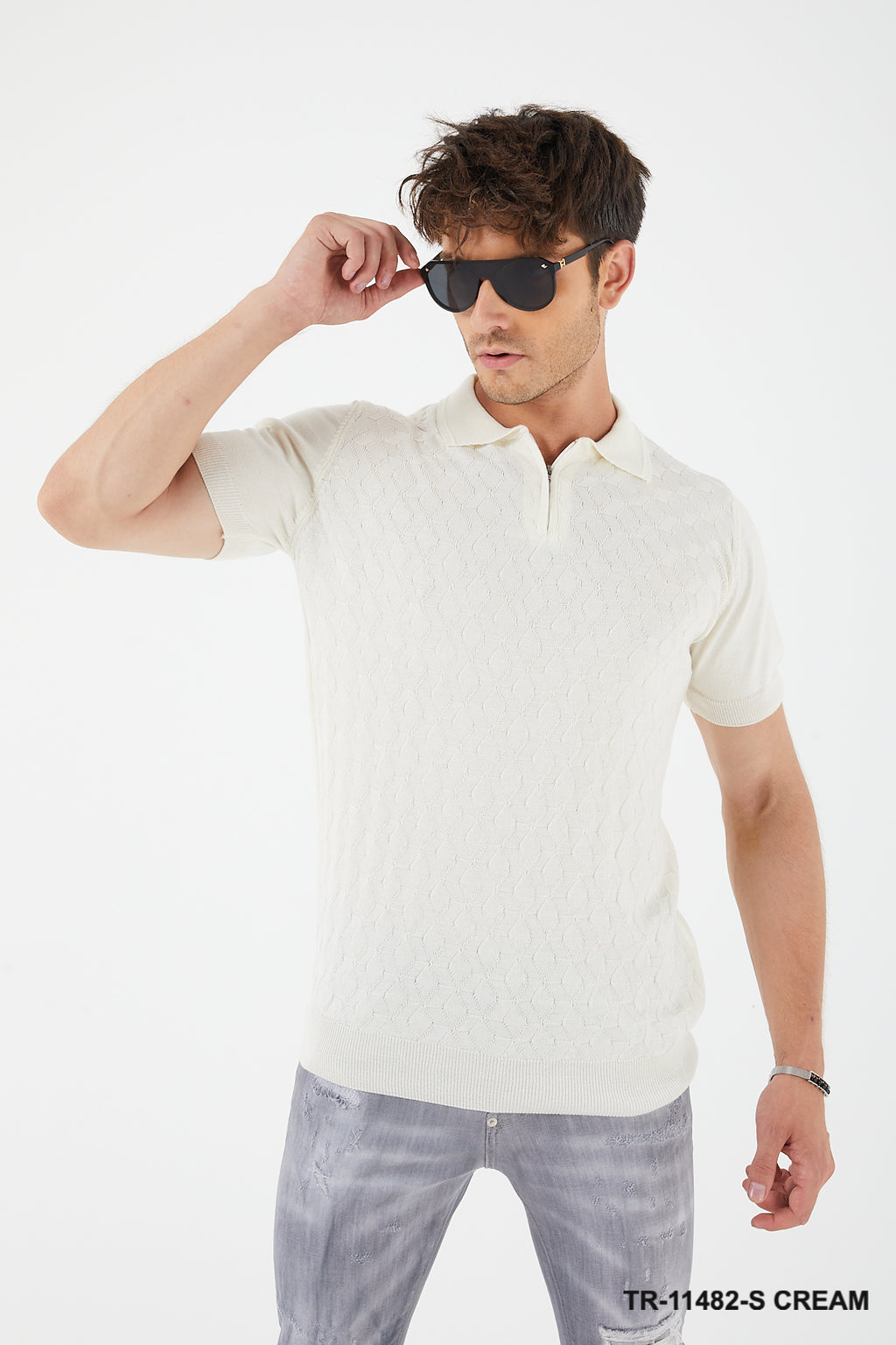 Short Sleeve Textured Knit Zip Polo TR-11482