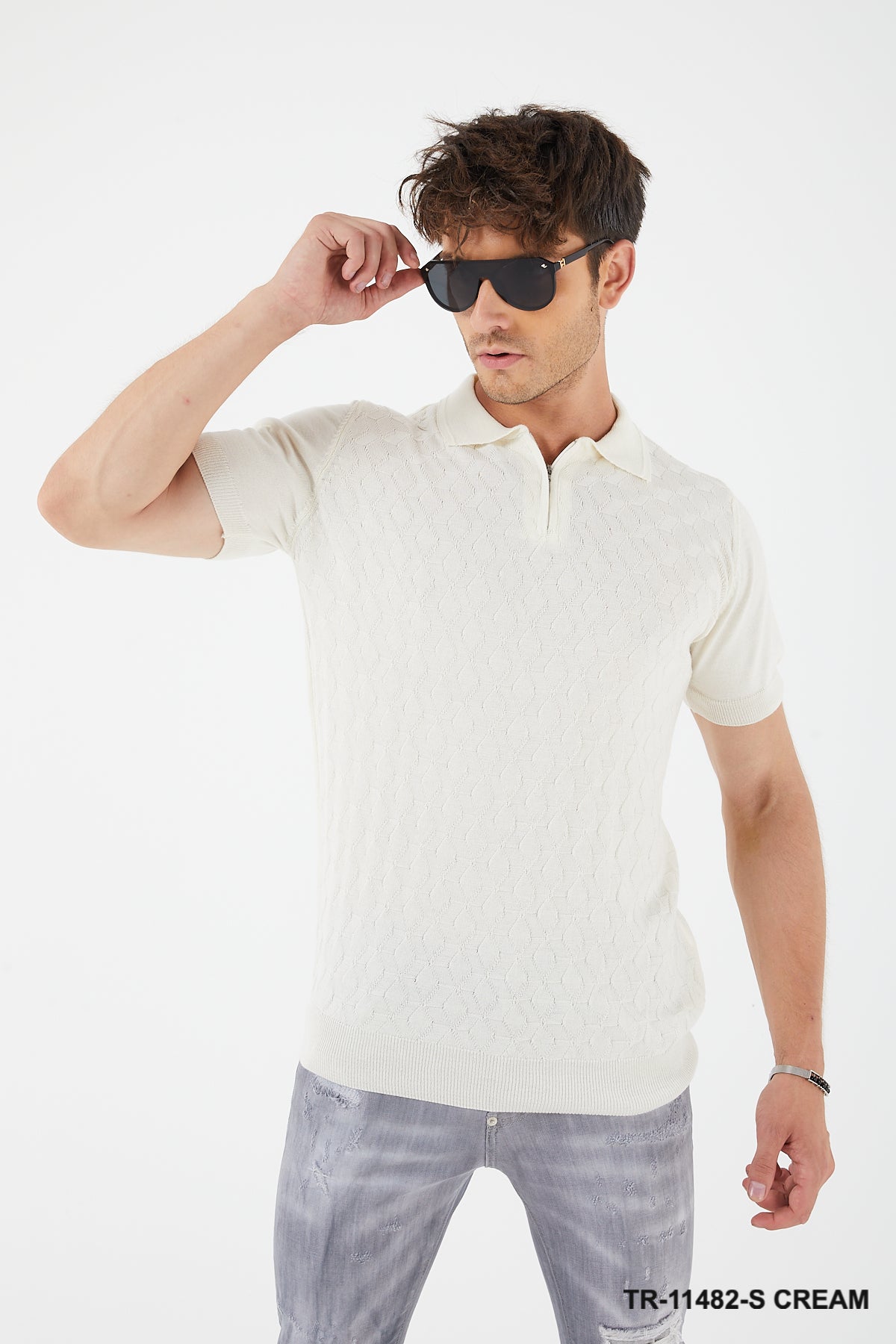 Short Sleeve Textured Knit Zip Polo TR-11482