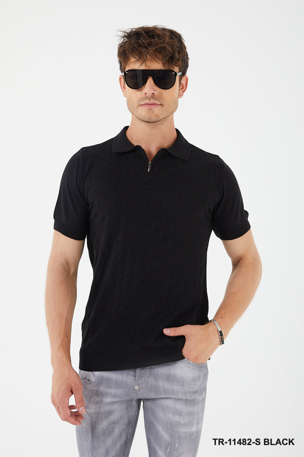 Short Sleeve Textured Knit Zip Polo TR-11482