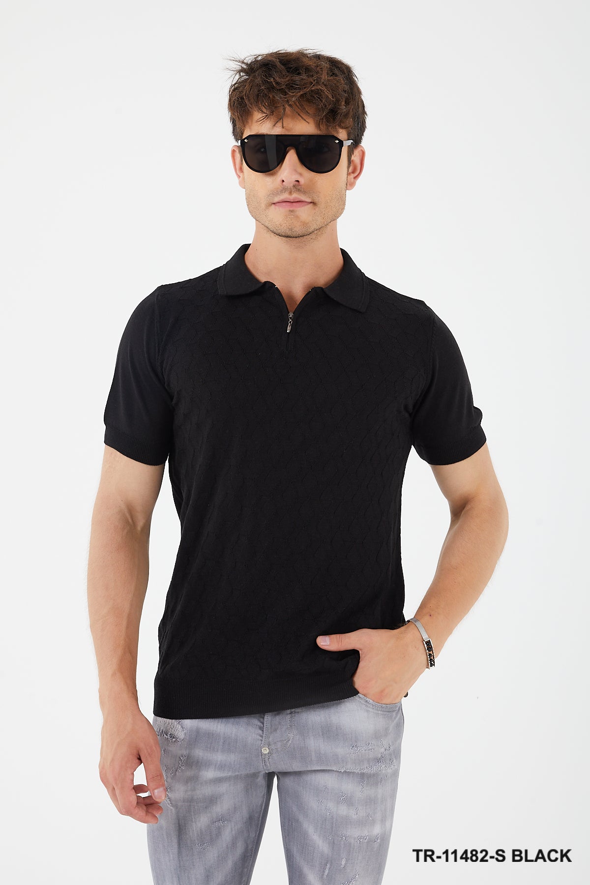Short Sleeve Textured Knit Zip Polo TR-11482