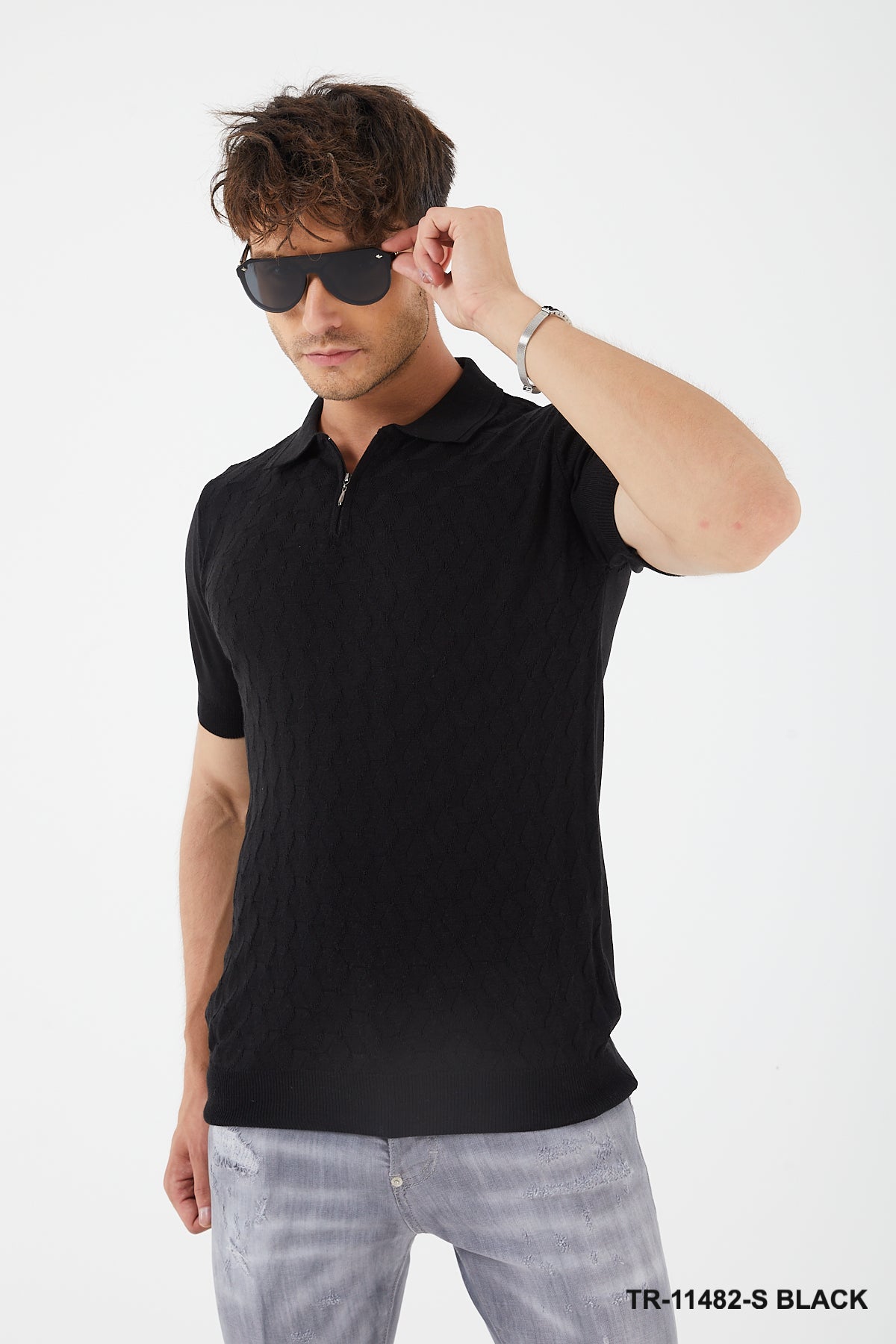 Short Sleeve Textured Knit Zip Polo TR-11482