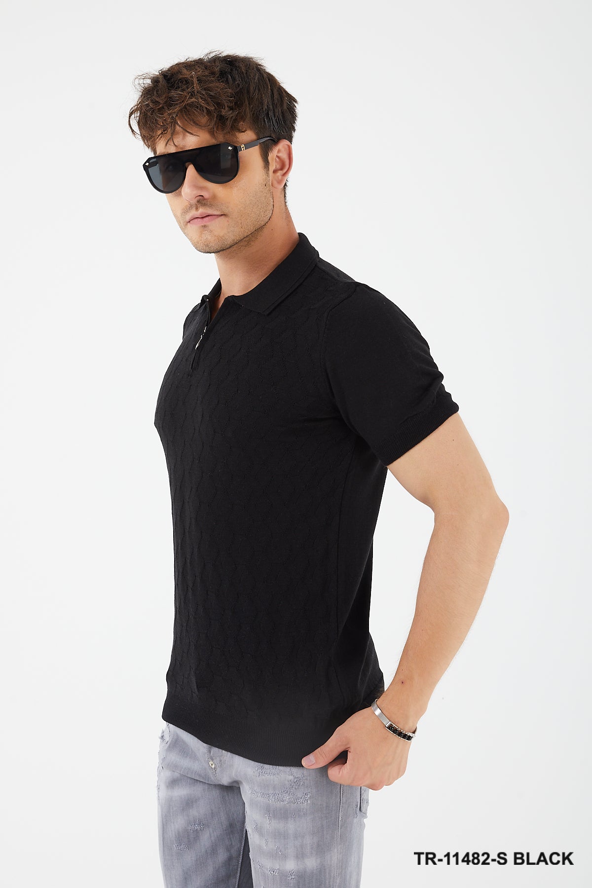 Short Sleeve Textured Knit Zip Polo TR-11482