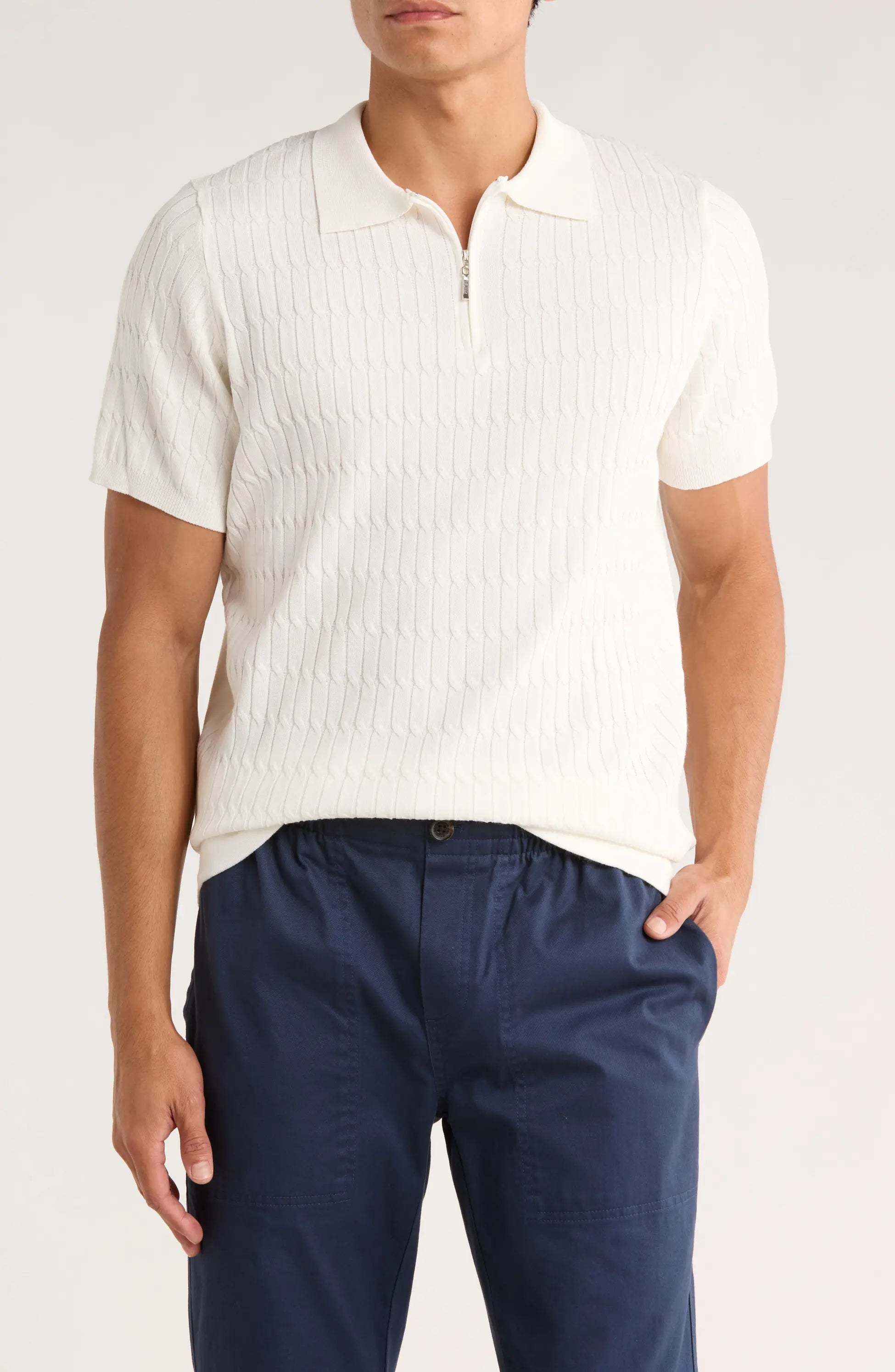 TRNS-543 Cable Knit Short Sleeve Half Zip Sweater