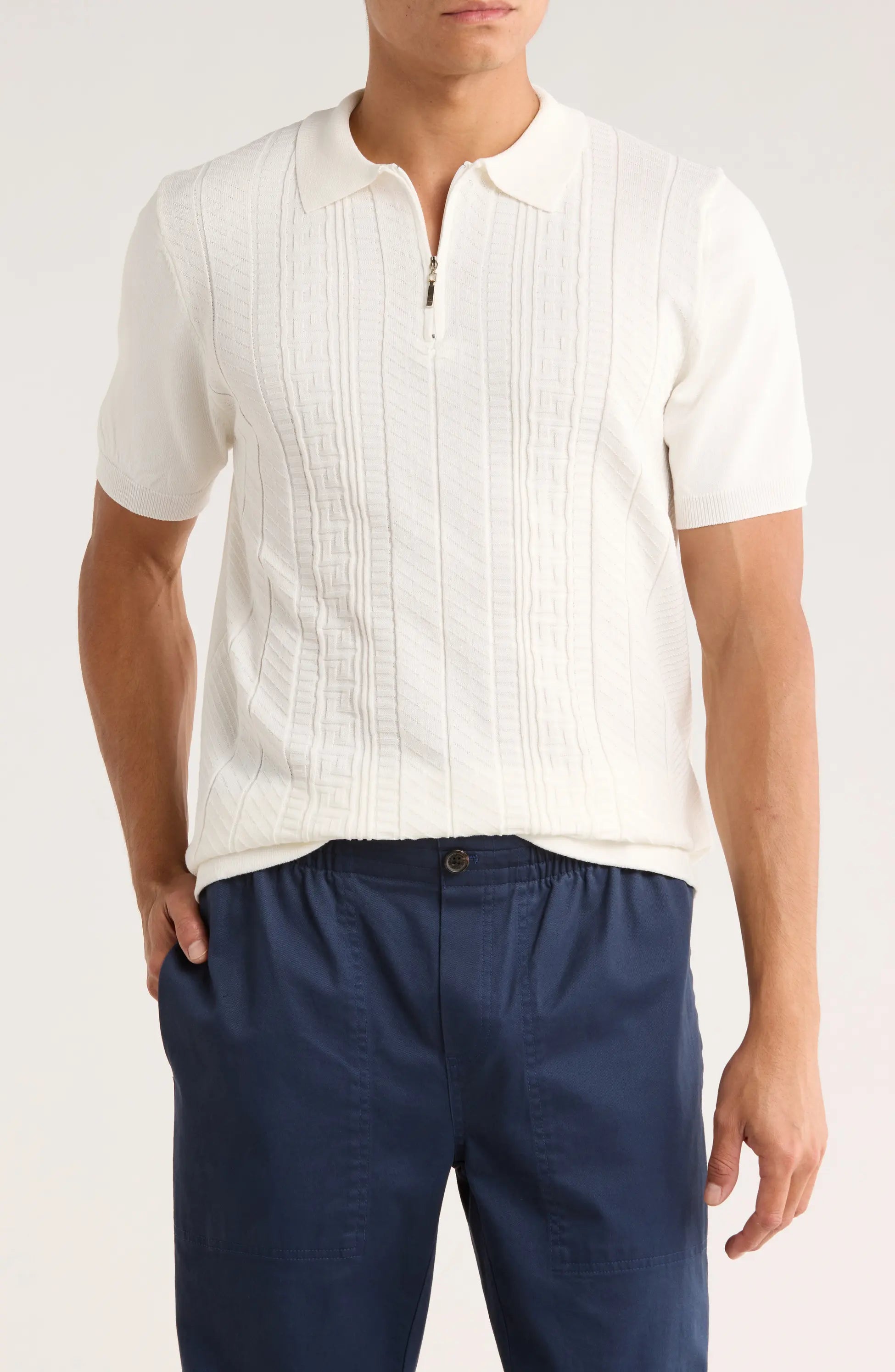 TRNS-542 Cable Knit Short Sleeve Half Zip Sweater