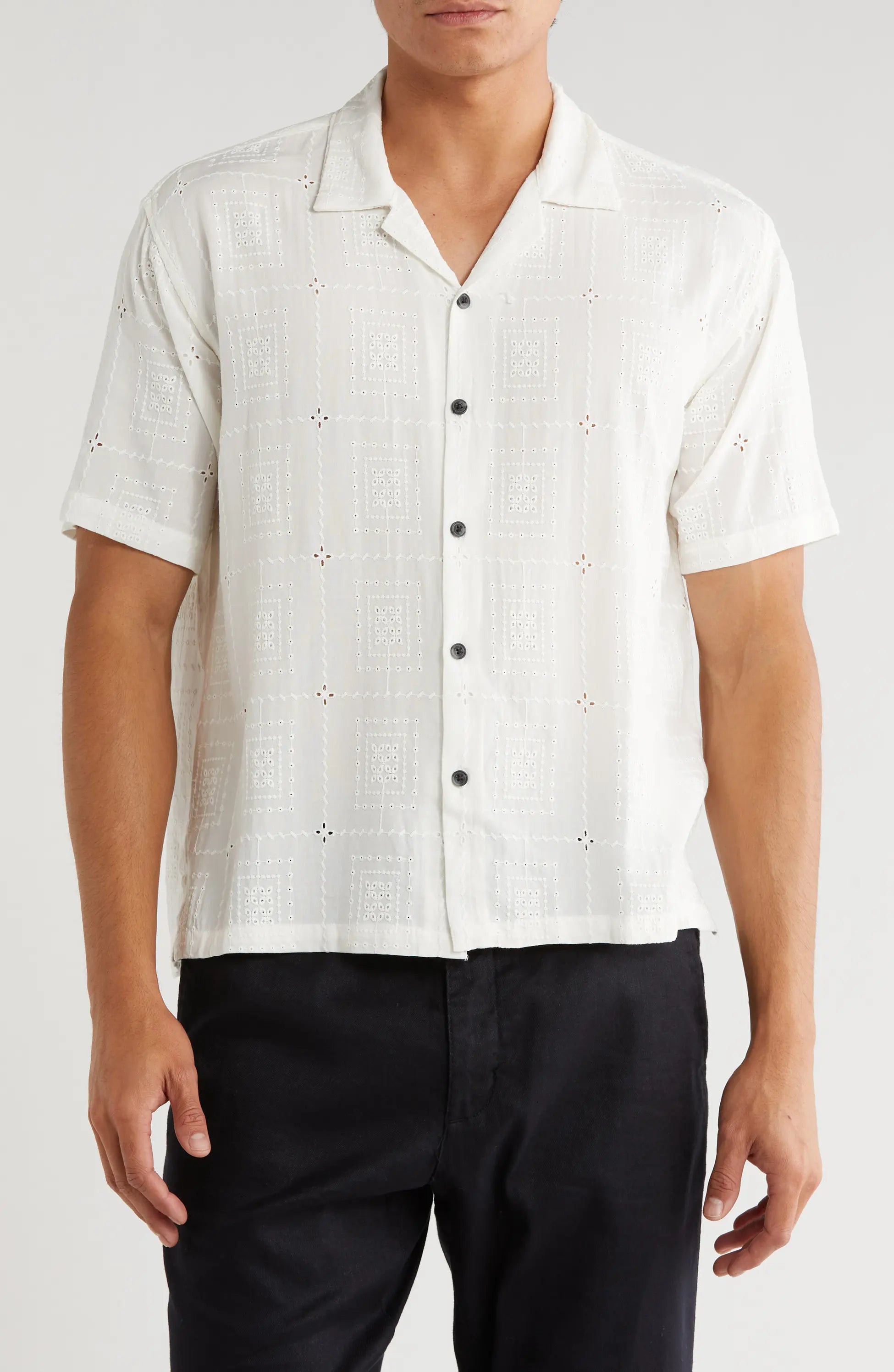 TRS-7001 Boxy Fit Floral Eyelet Embroidered Camp Shirt