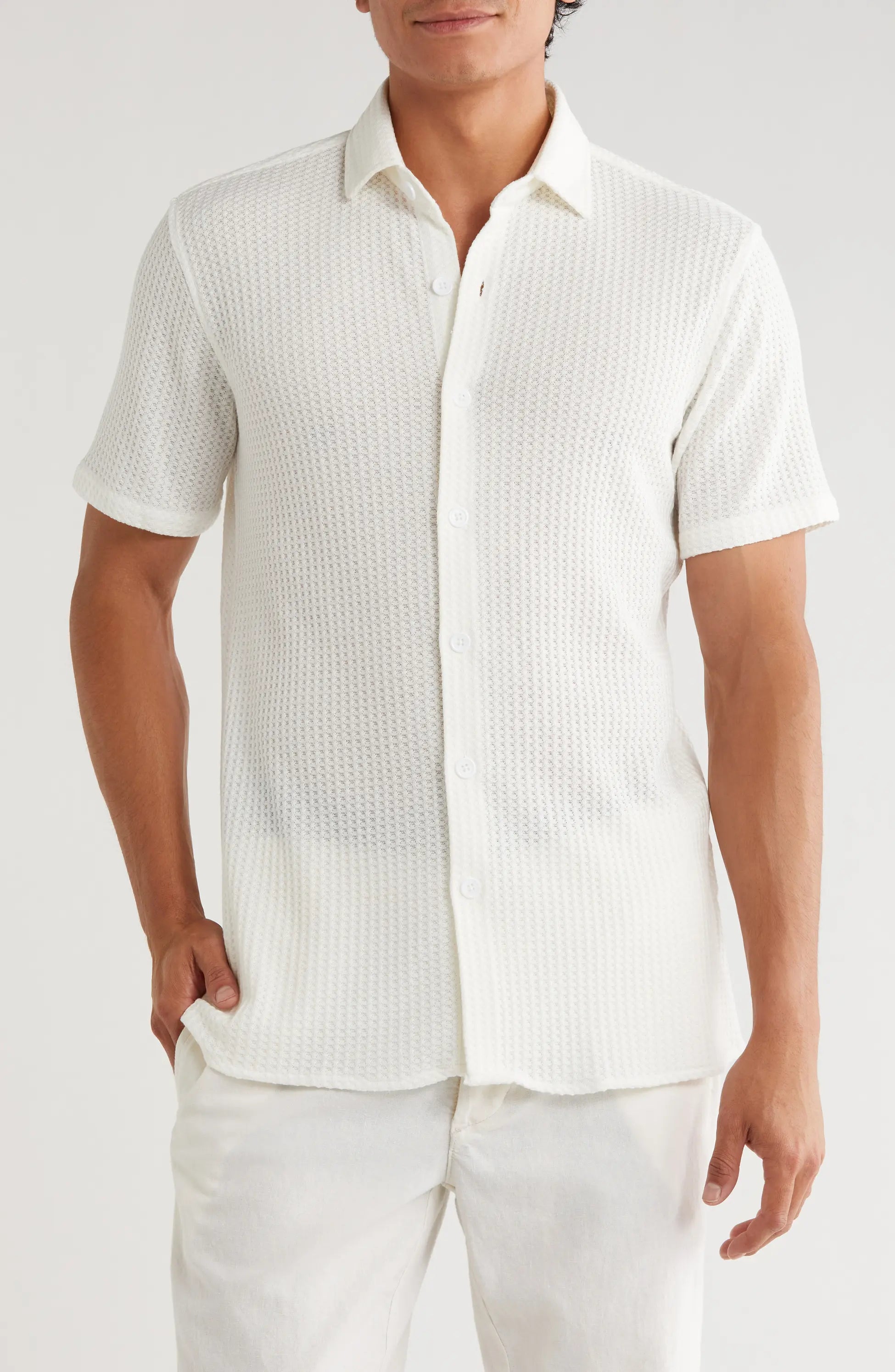 TRSH-213 Waffle Knit Short Sleeve Button-Up Shirt