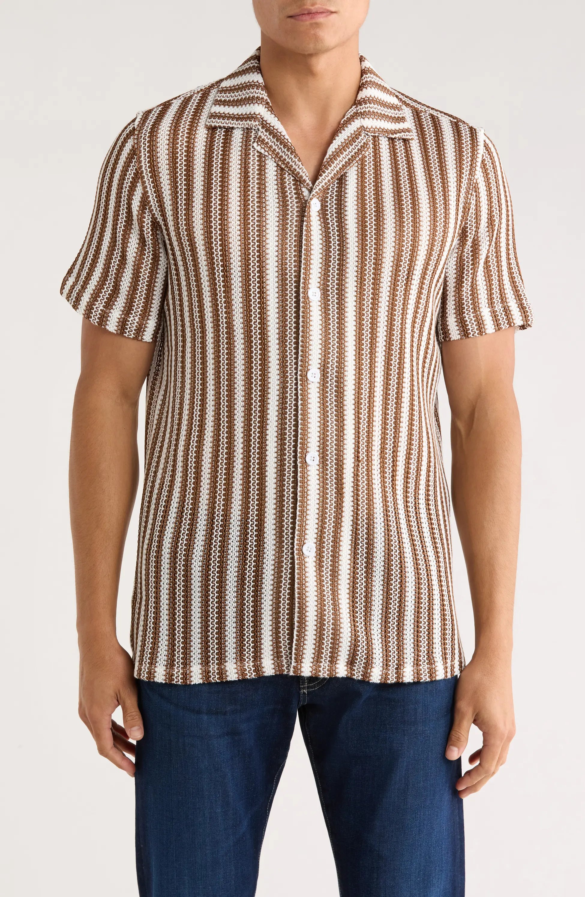 TRSH-212 Textured Stripe Knit Short Sleeve Button-Up Shirt