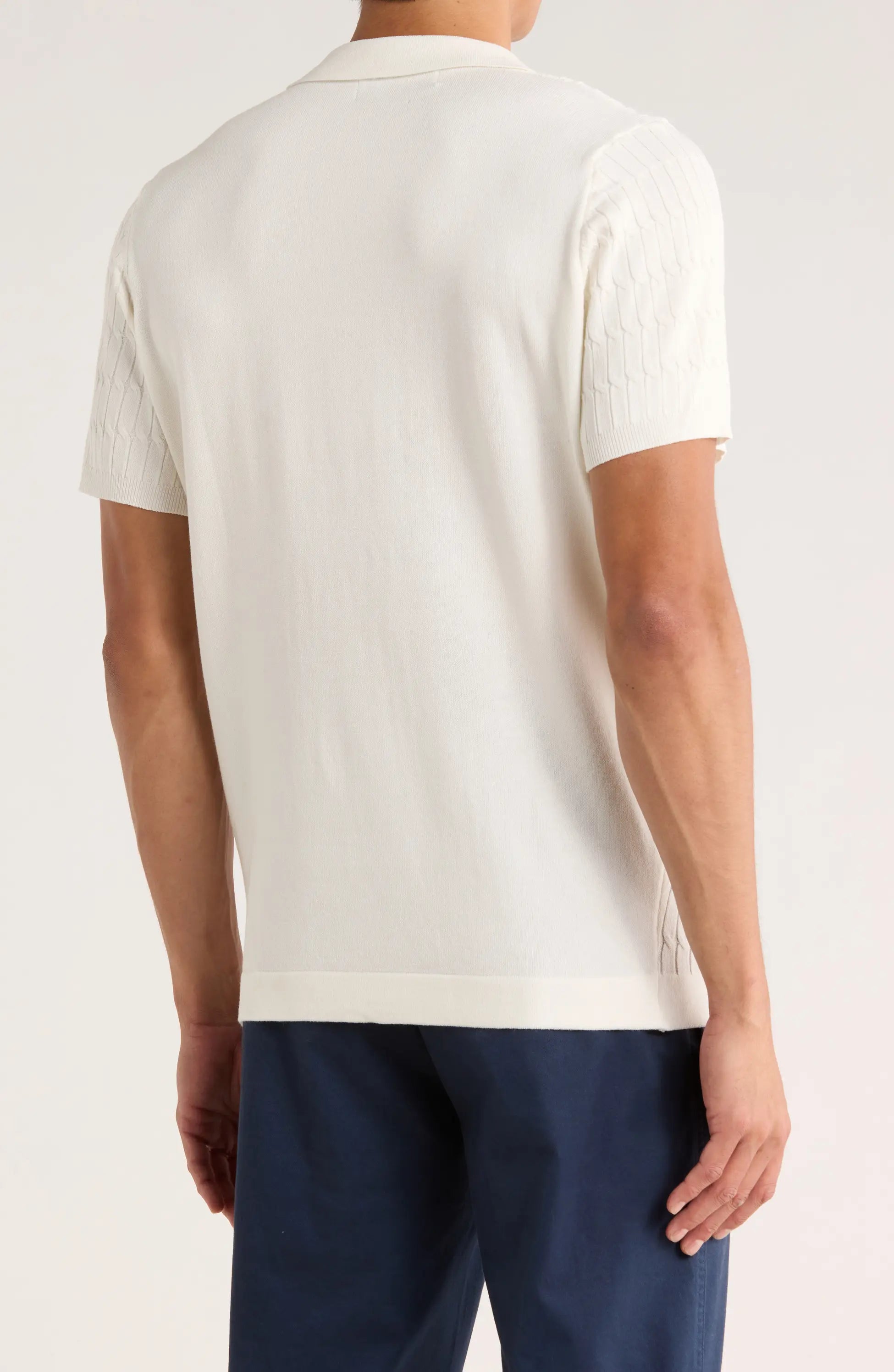 TRNS-543 Cable Knit Short Sleeve Half Zip Sweater
