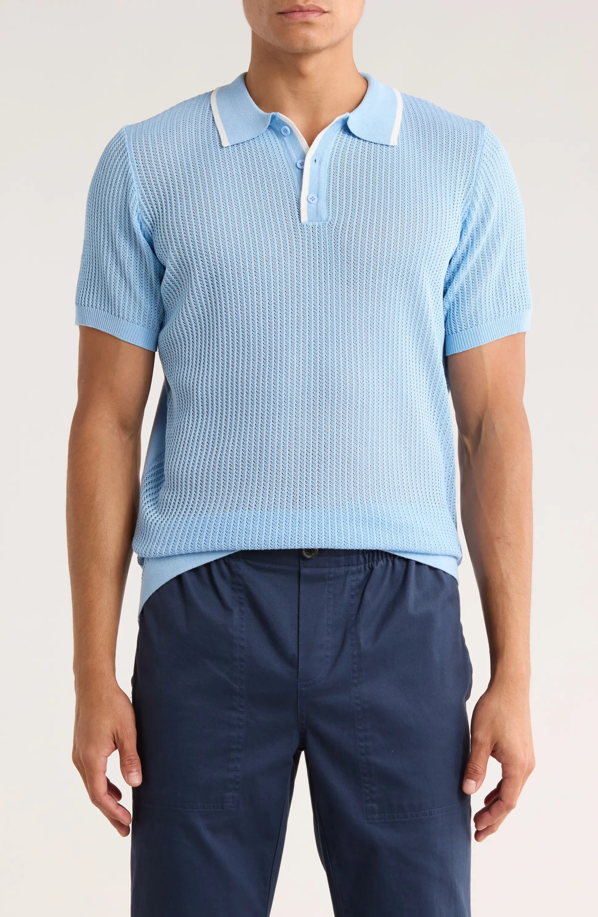 TRNS-540 Tipped Open Knit Short Sleeve Polo Sweater