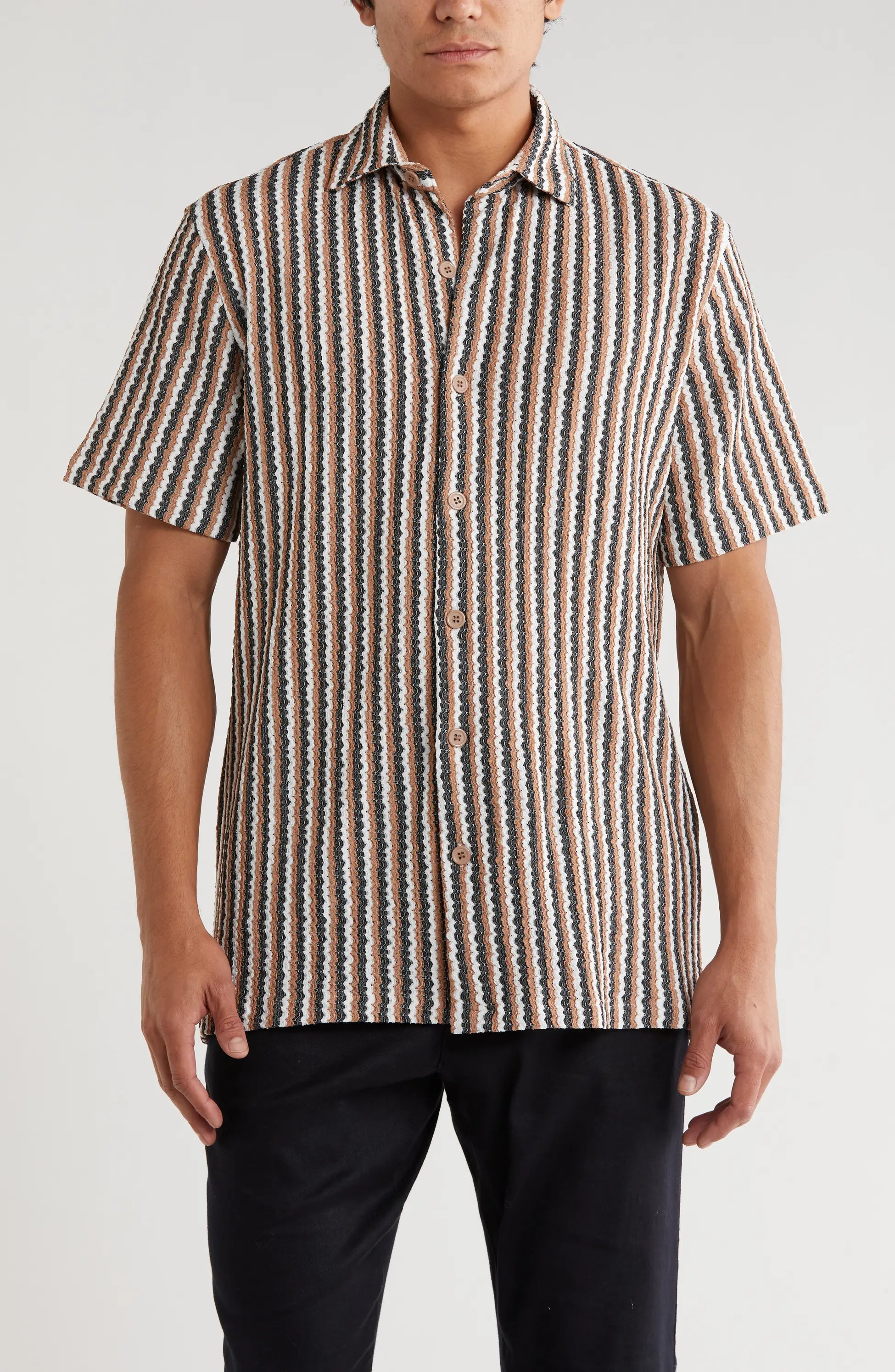 TRSH-217 Stripe Knit Short Sleeve Button-Up Shirt