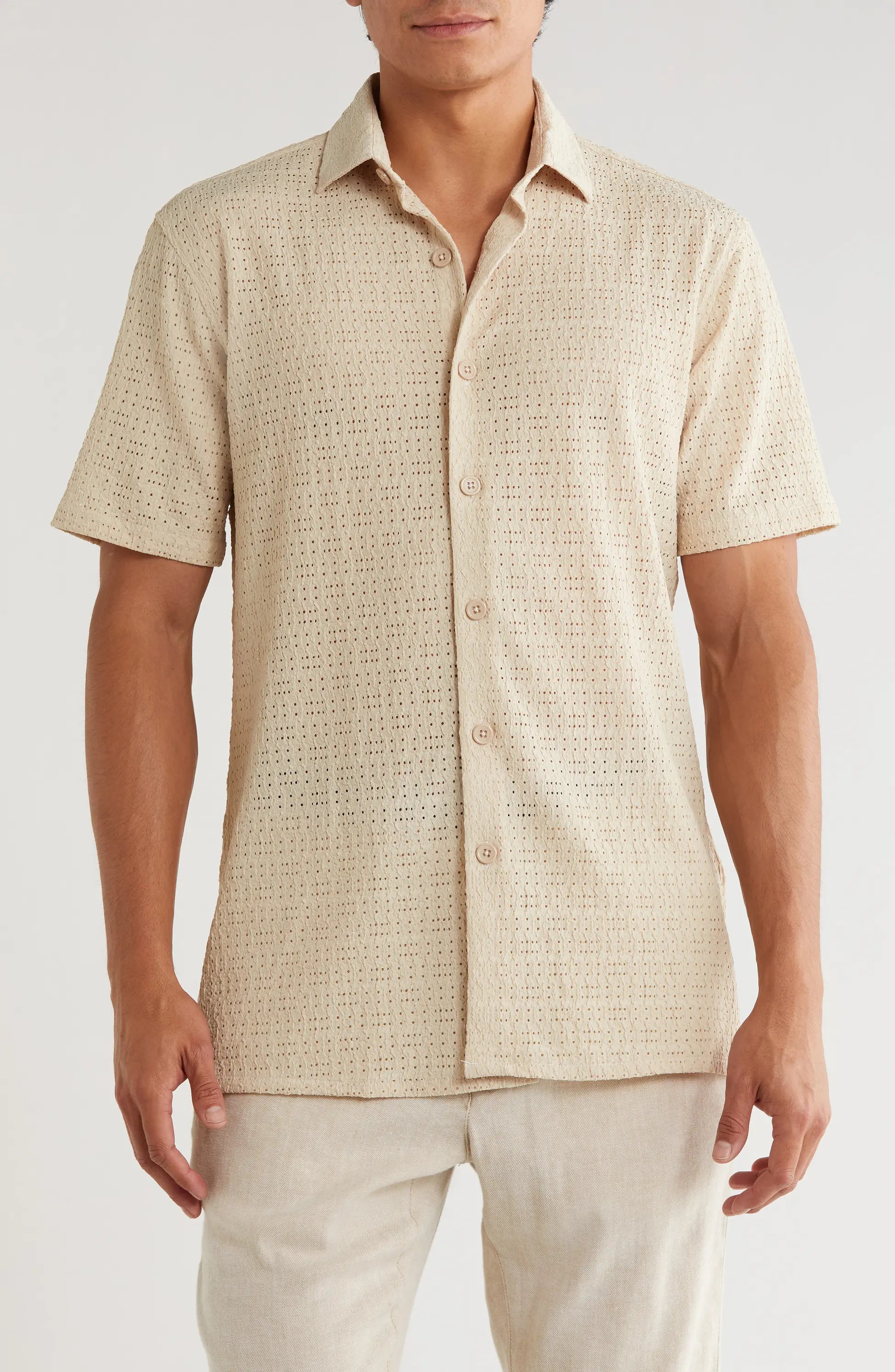 TRSH-211 Textured Knit Short Sleeve Button-Up Shirt