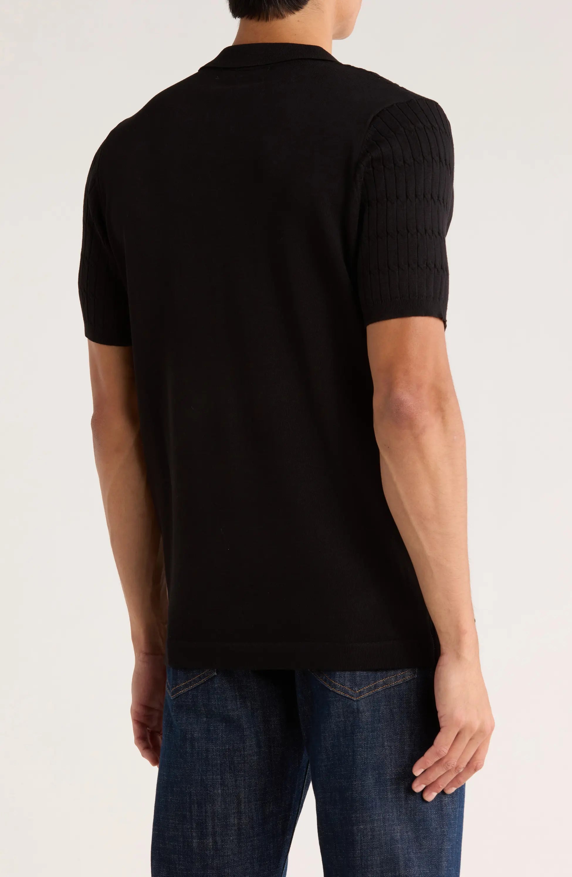 TRNS-543 Cable Knit Short Sleeve Half Zip Sweater