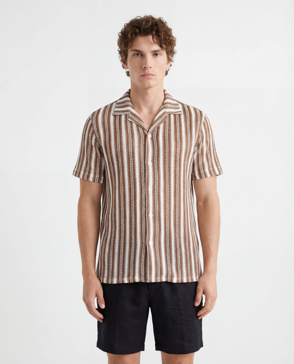 TRSH-212 Textured Stripe Knit Short Sleeve Button-Up Shirt