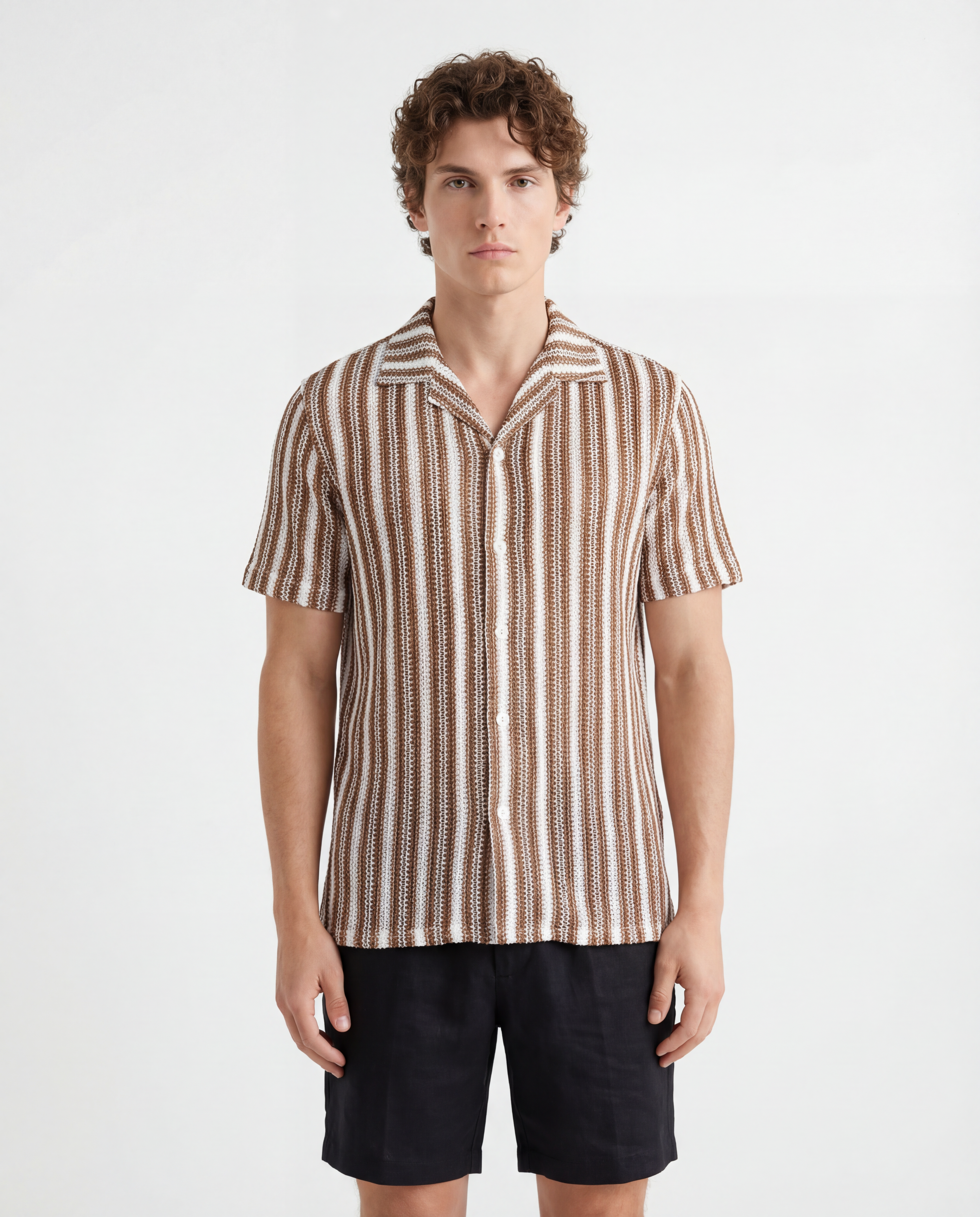 TRSH-212 Textured Stripe Knit Short Sleeve Button-Up Shirt