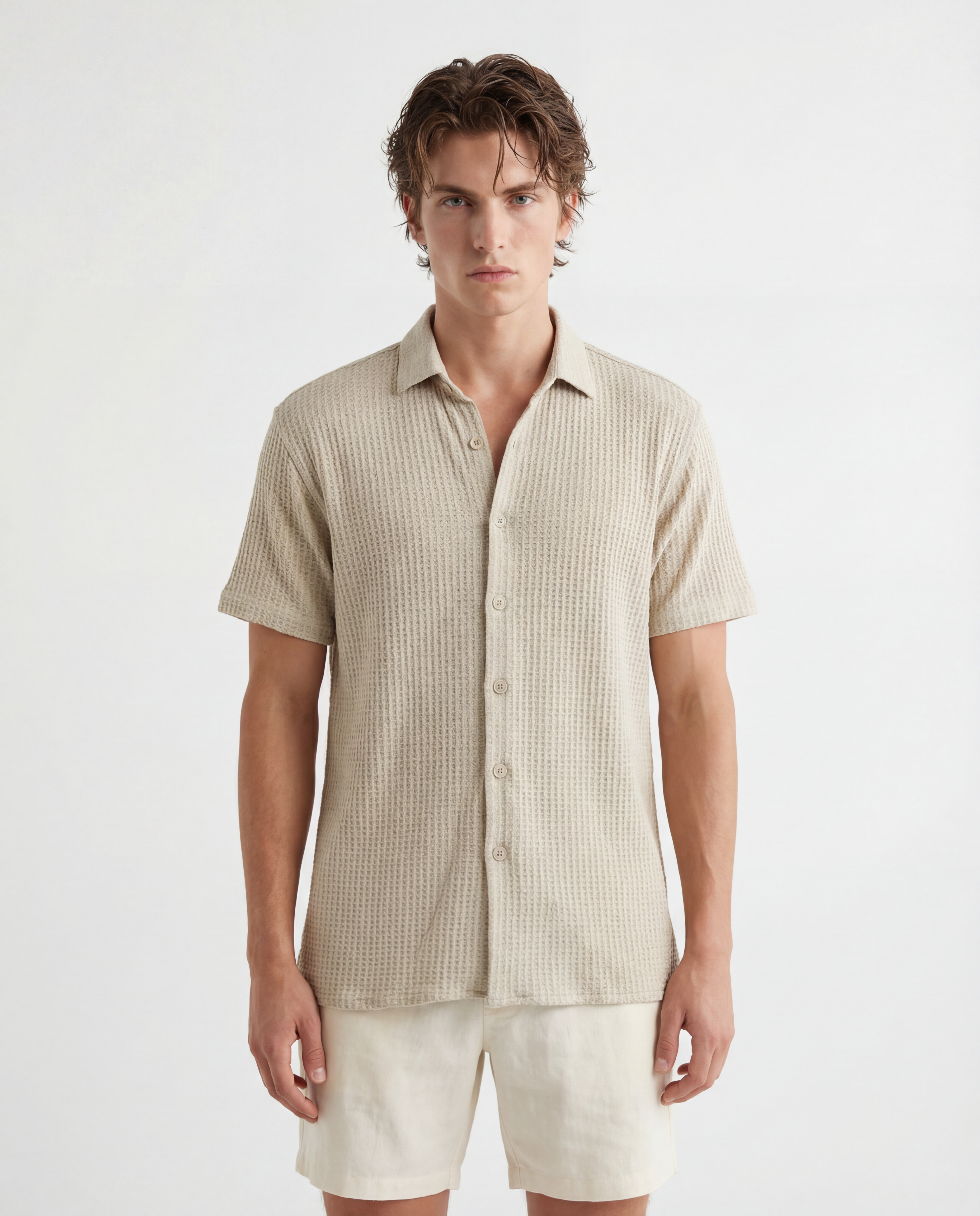 TRSH-213 Waffle Knit Short Sleeve Button-Up Shirt