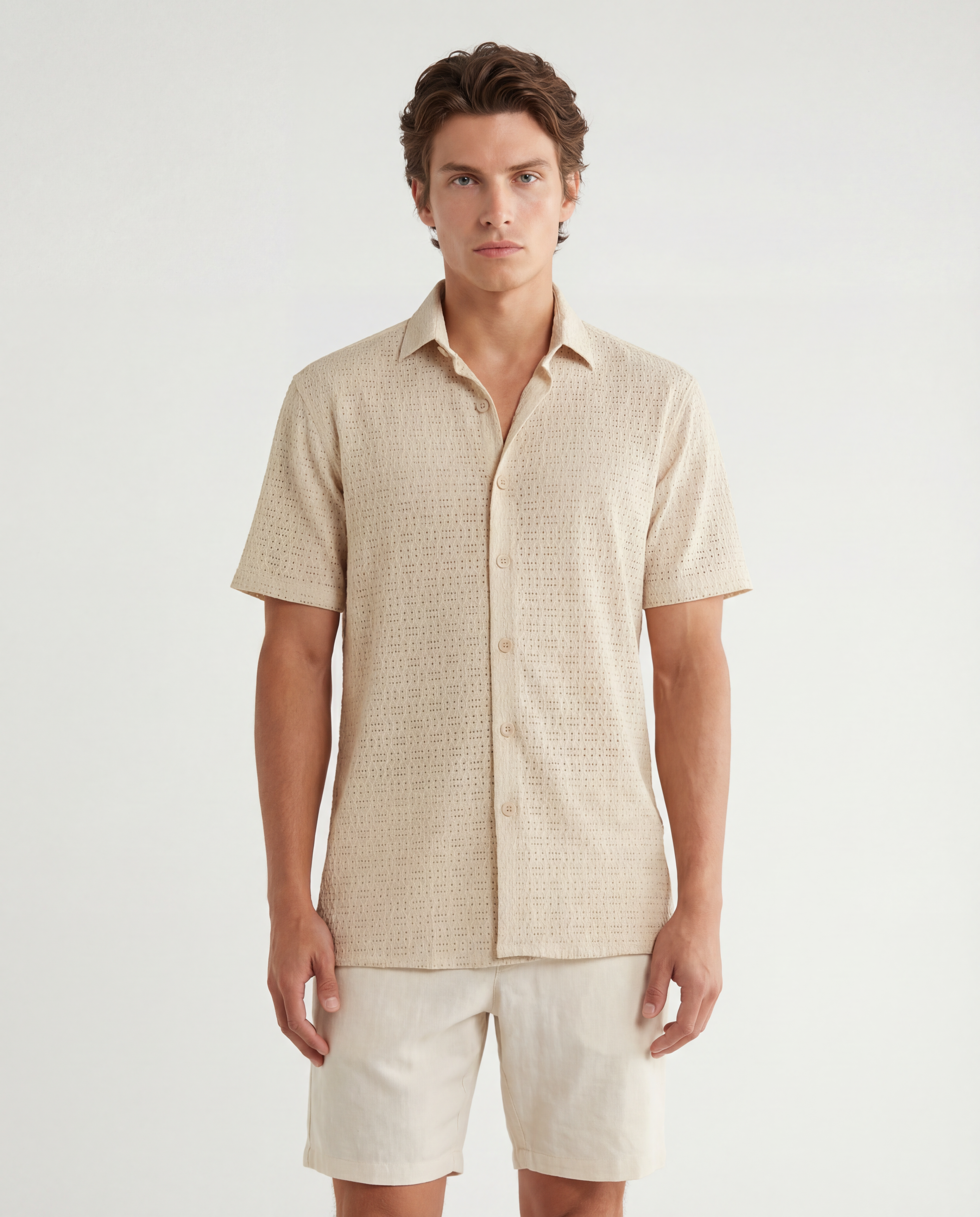 TRSH-211 Textured Knit Short Sleeve Button-Up Shirt