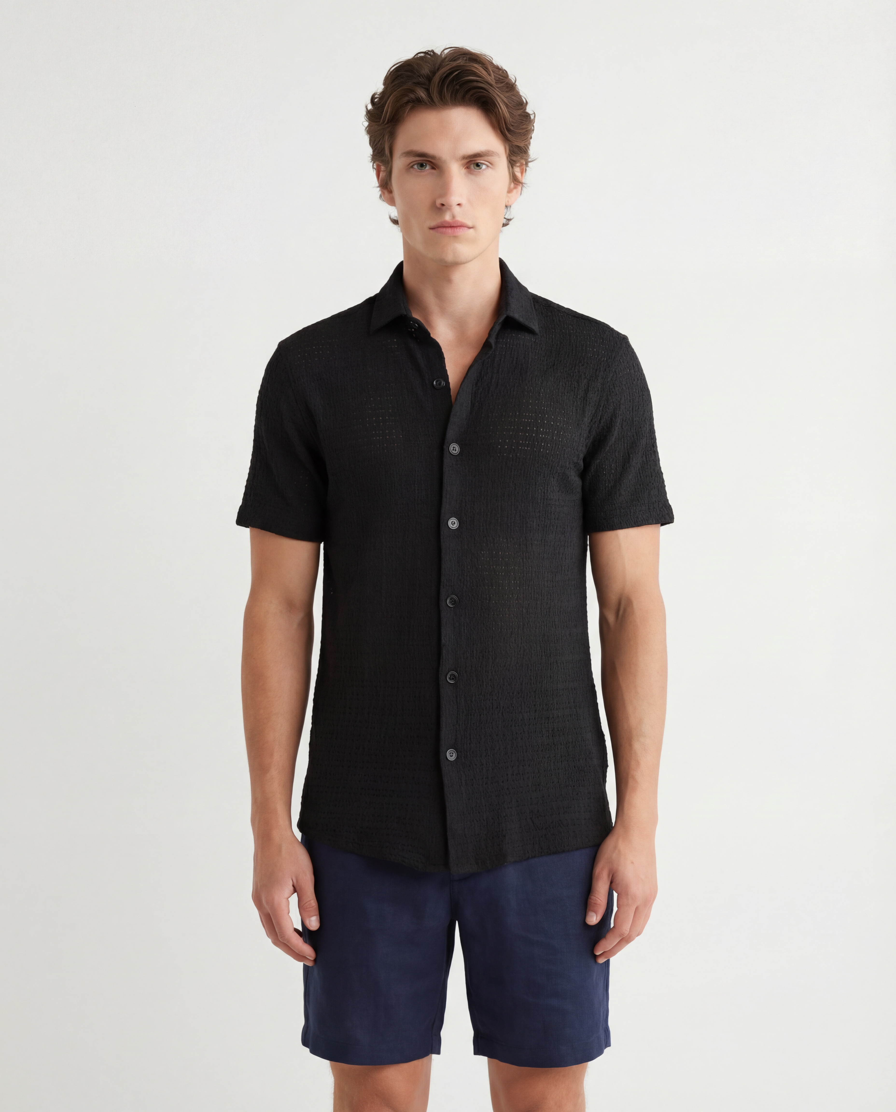TRSH-211 Textured Knit Short Sleeve Button-Up Shirt