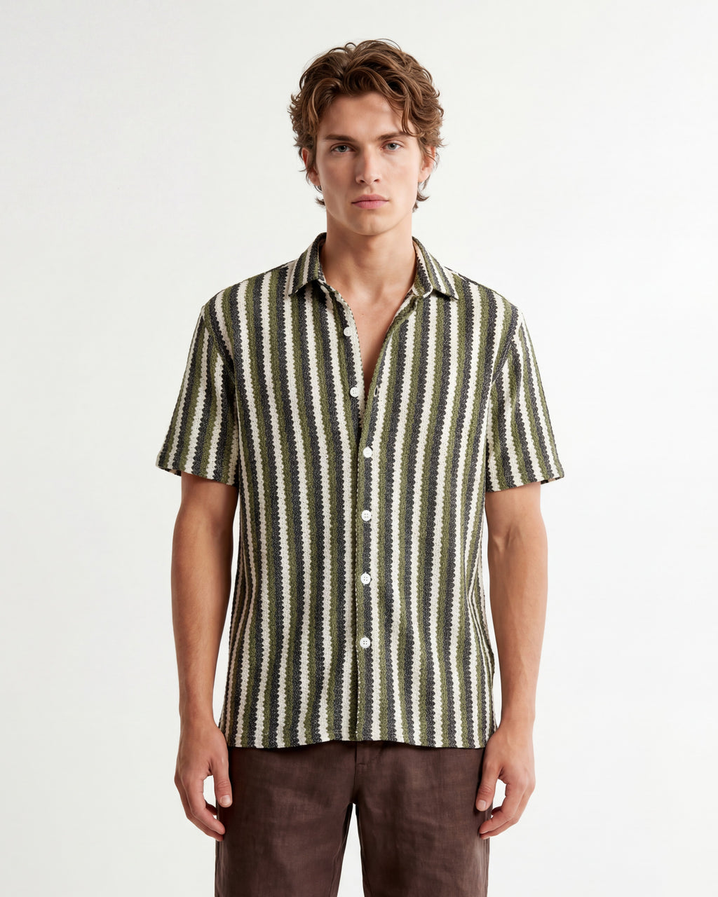 TRSH-217 Stripe Knit Short Sleeve Button-Up Shirt