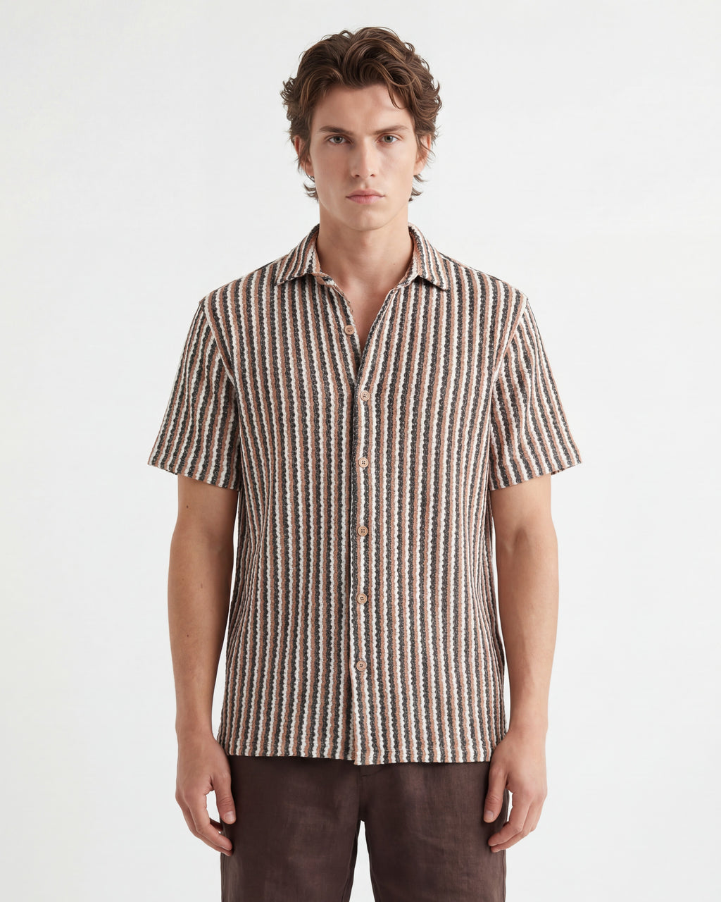 TRSH-217 Stripe Knit Short Sleeve Button-Up Shirt