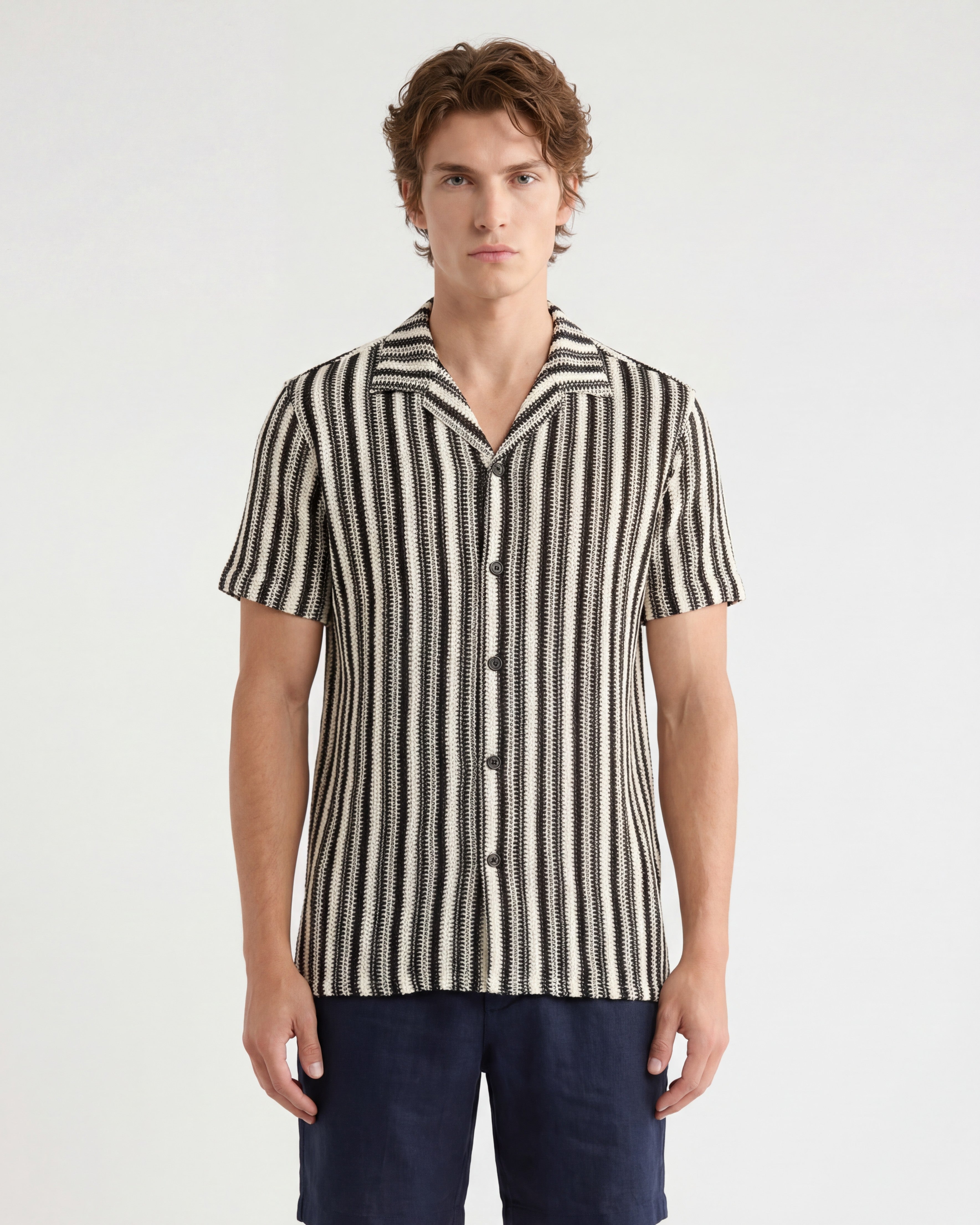 TRSH-212 Textured Stripe Knit Short Sleeve Button-Up Shirt – TRPremium