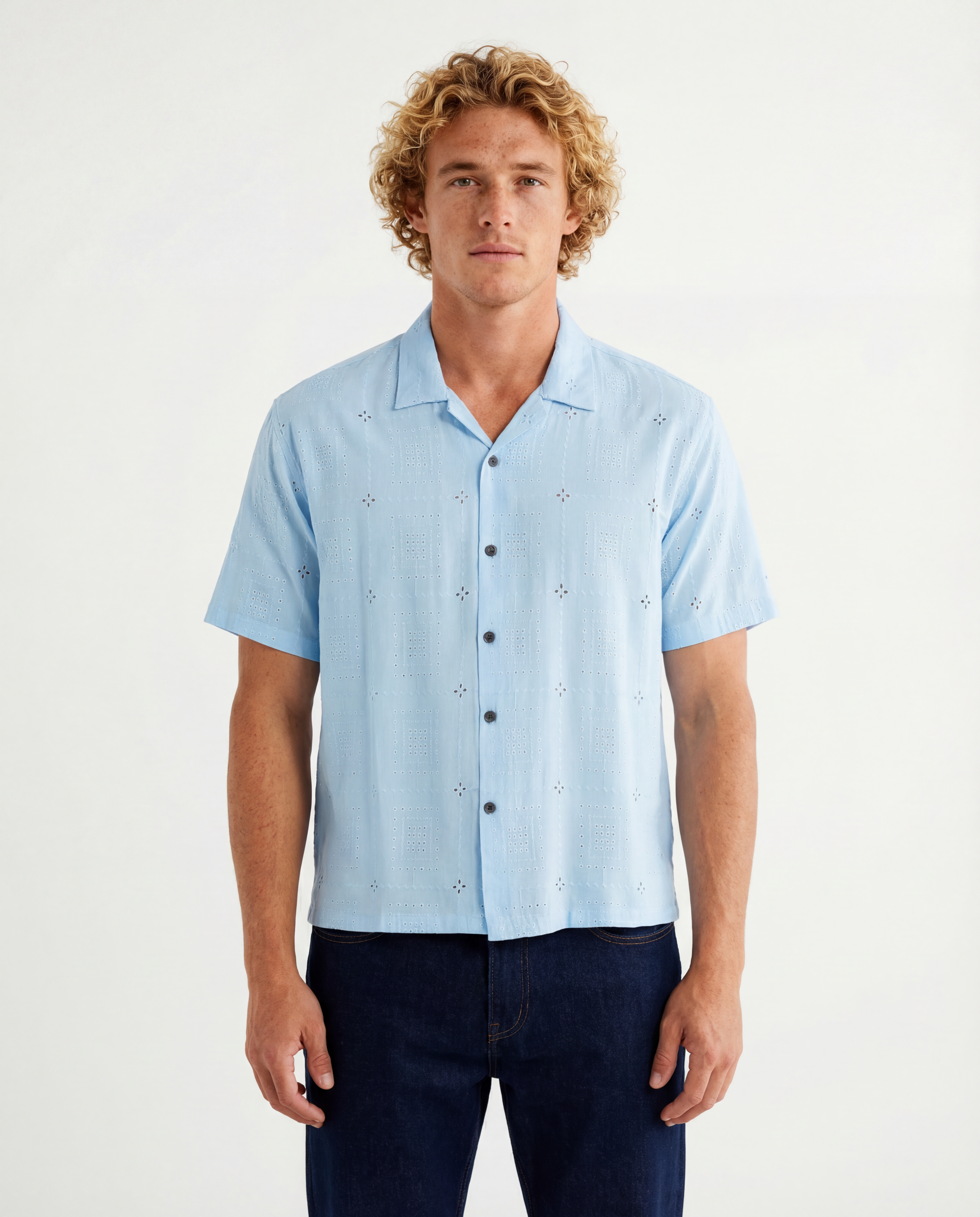 TRS-7001 Boxy Fit Floral Eyelet Embroidered Camp Shirt