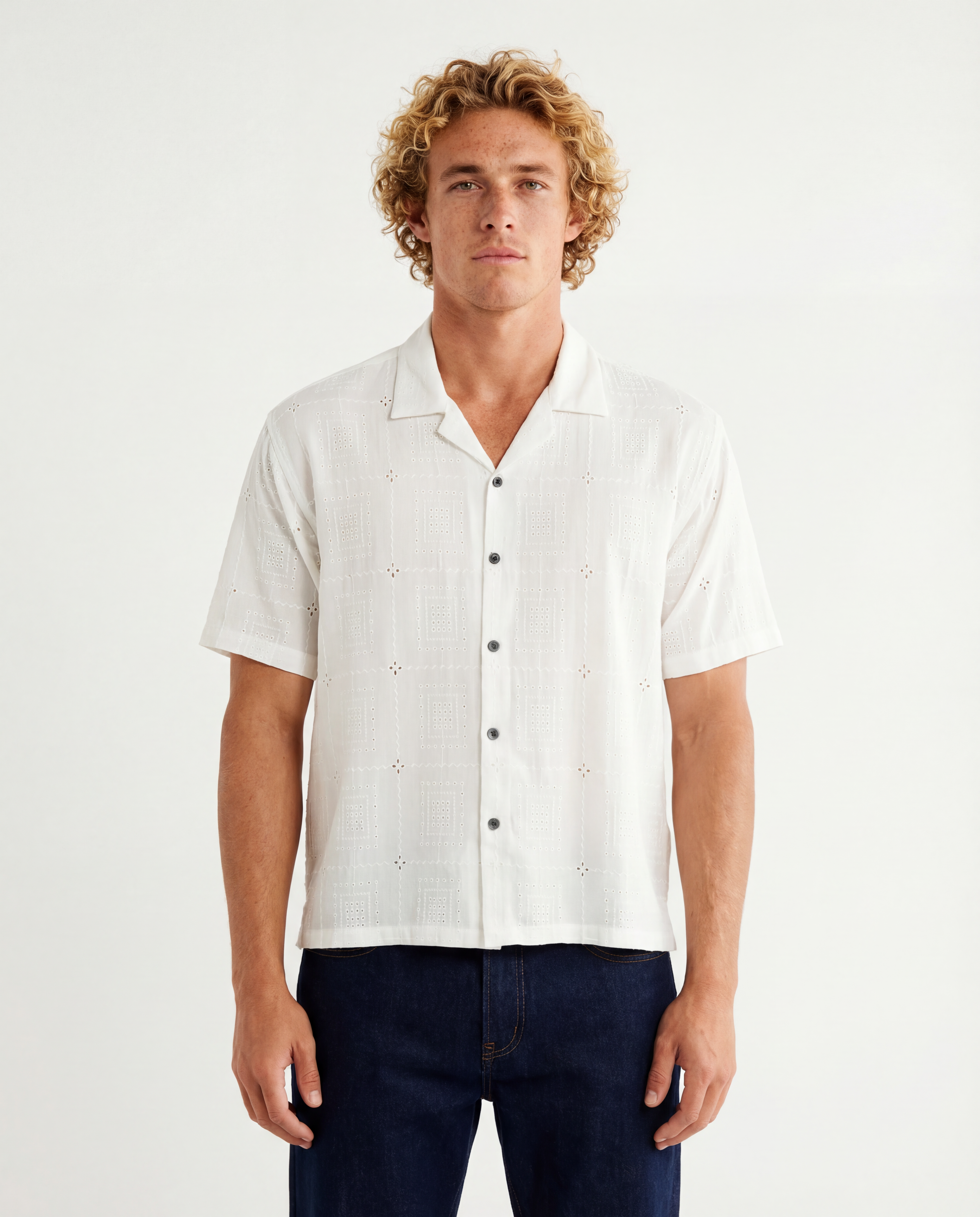 TRS-7001 Boxy Fit Floral Eyelet Embroidered Camp Shirt