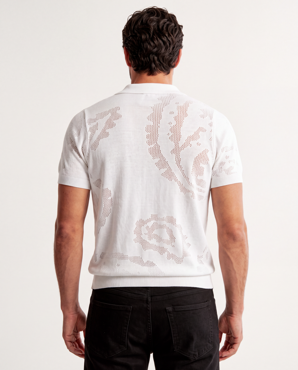 TRCK-11575-Jacquard Open-Collar Short Sleeve Sweater Polo