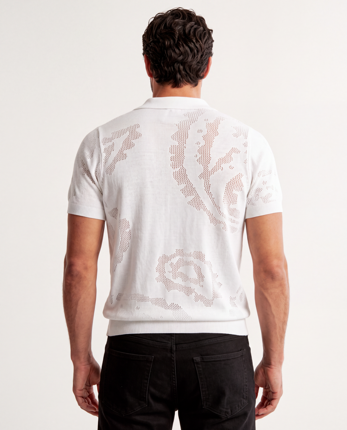 TRCK-11575-Jacquard Open-Collar Short Sleeve Sweater Polo