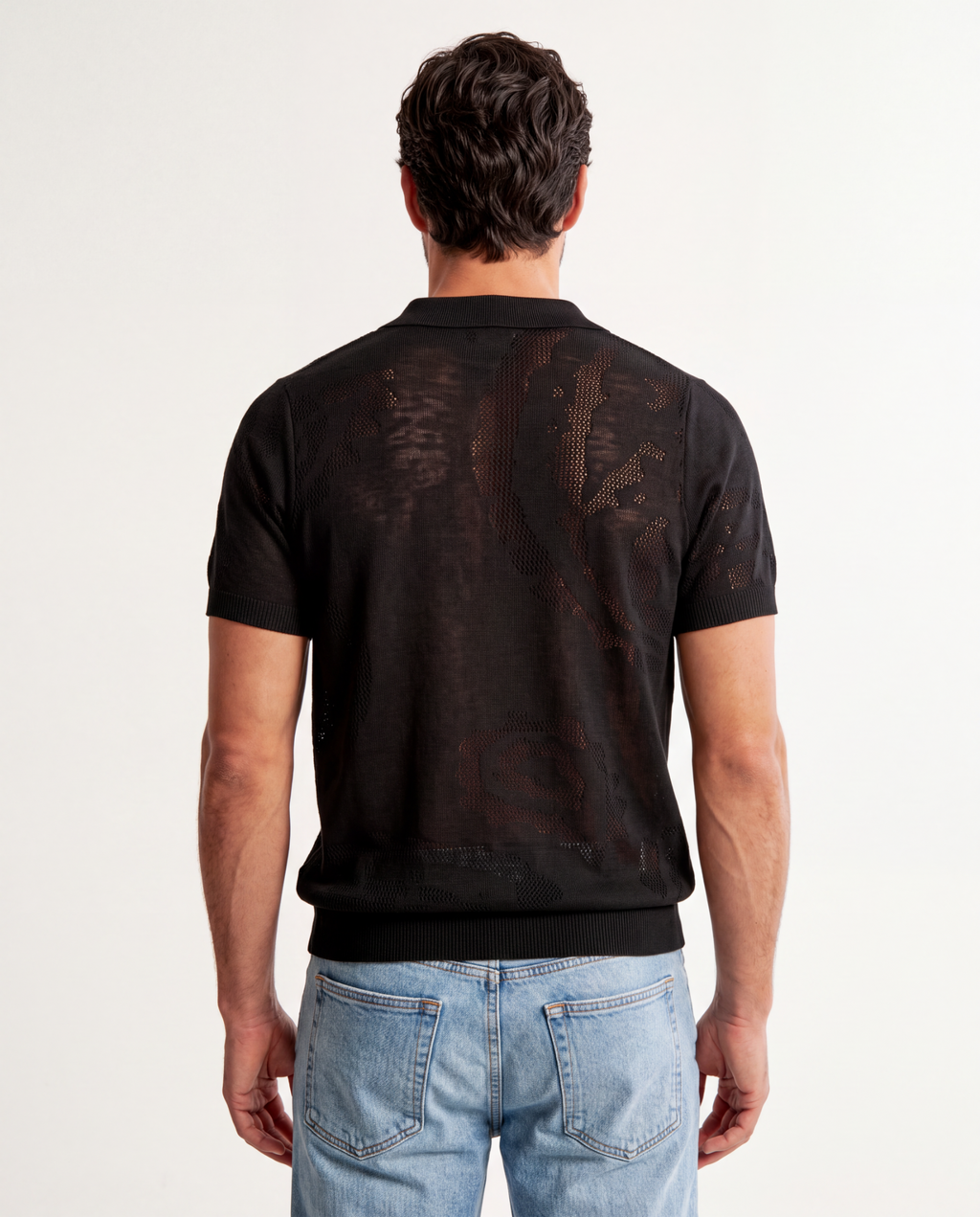 TRCK-11575-Jacquard Open-Collar Short Sleeve Sweater Polo