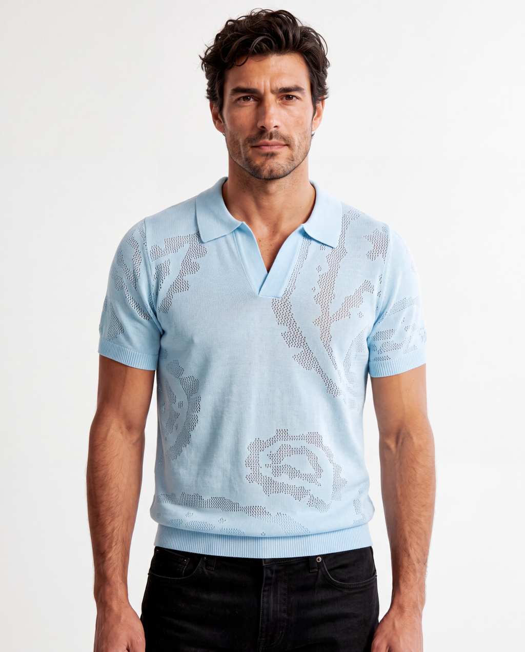 TRCK-11575-Jacquard Open-Collar Short Sleeve Sweater Polo