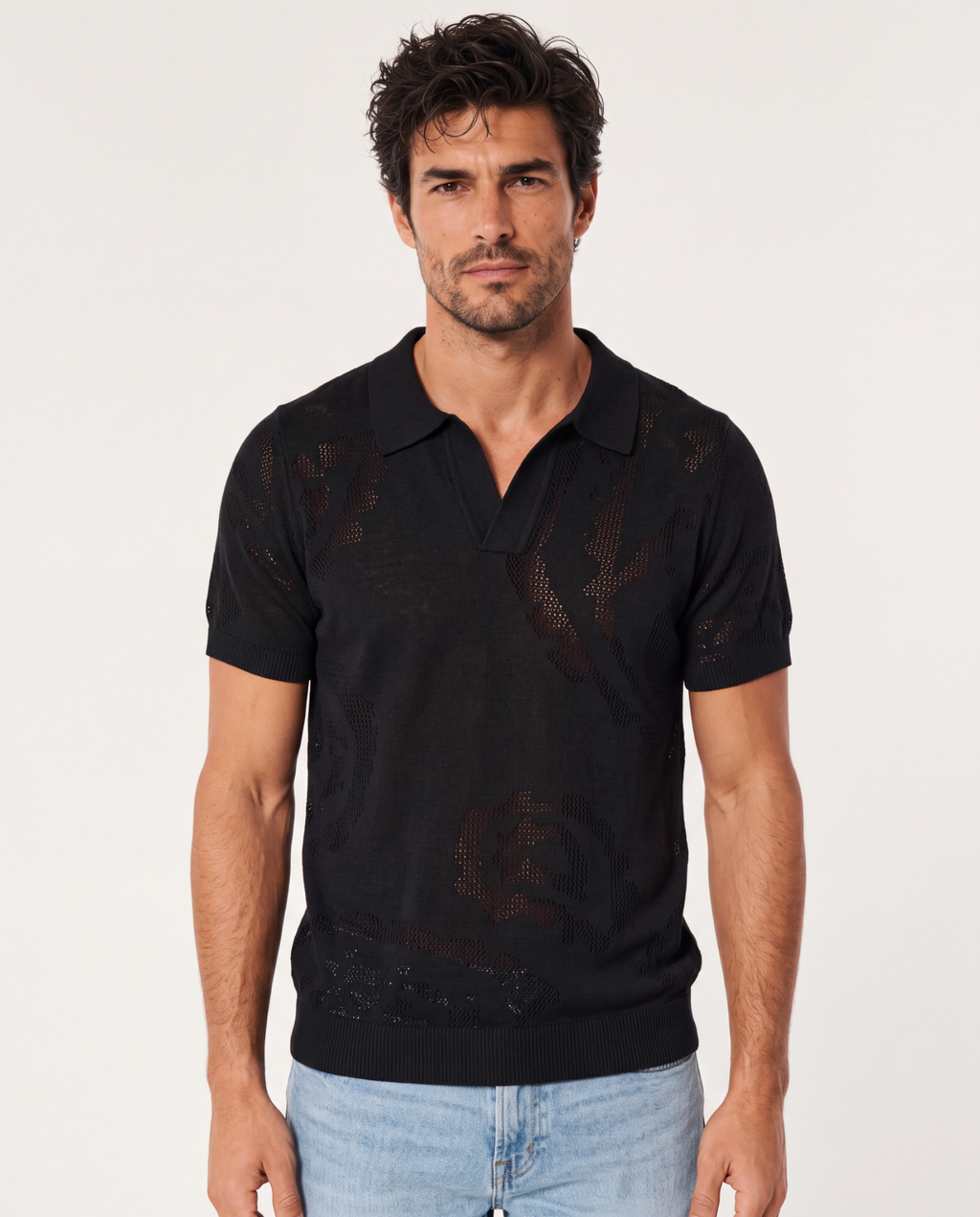 TRCK-11575-Jacquard Open-Collar Short Sleeve Sweater Polo