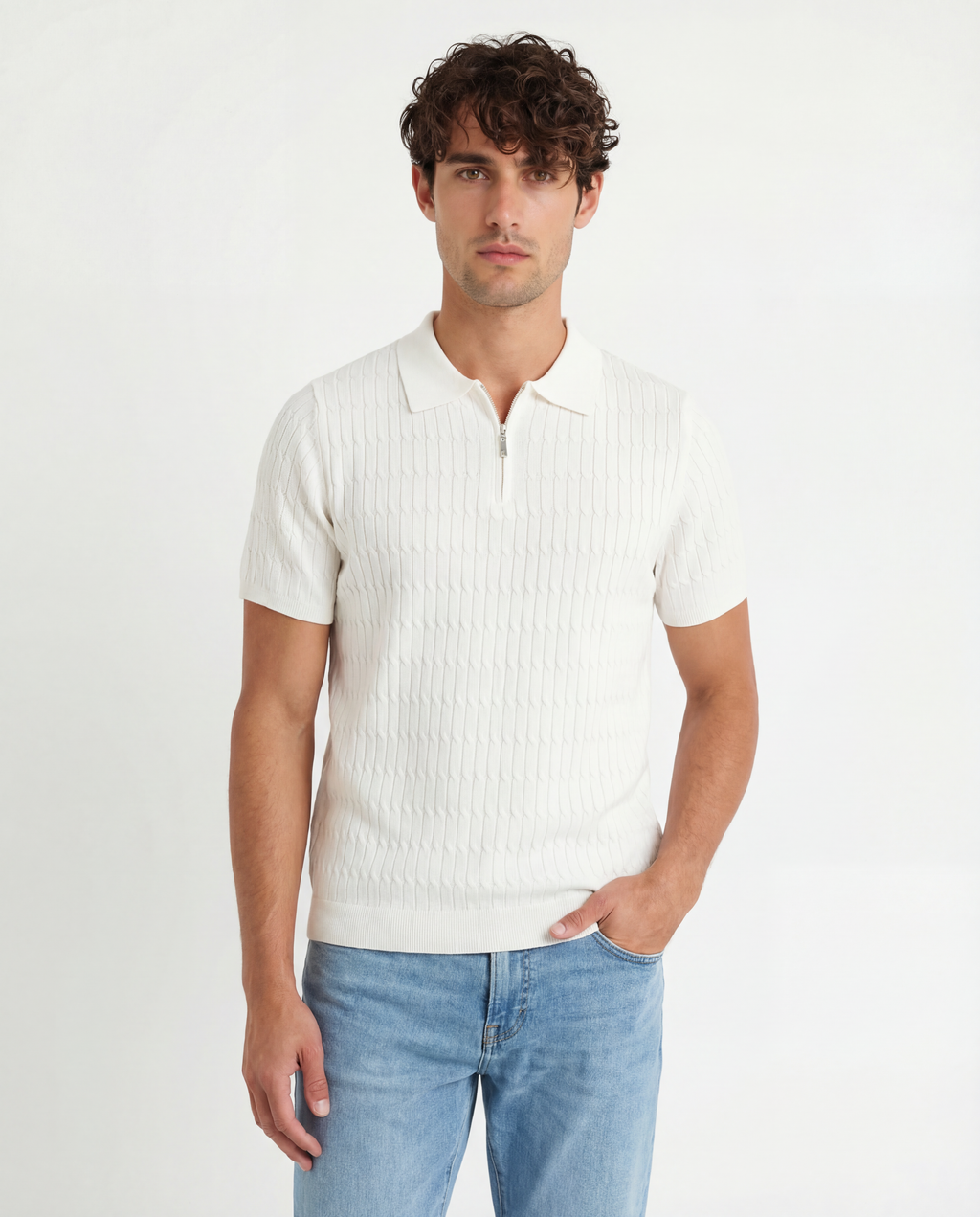 TRNS-543 Cable Knit Short Sleeve Half Zip Sweater