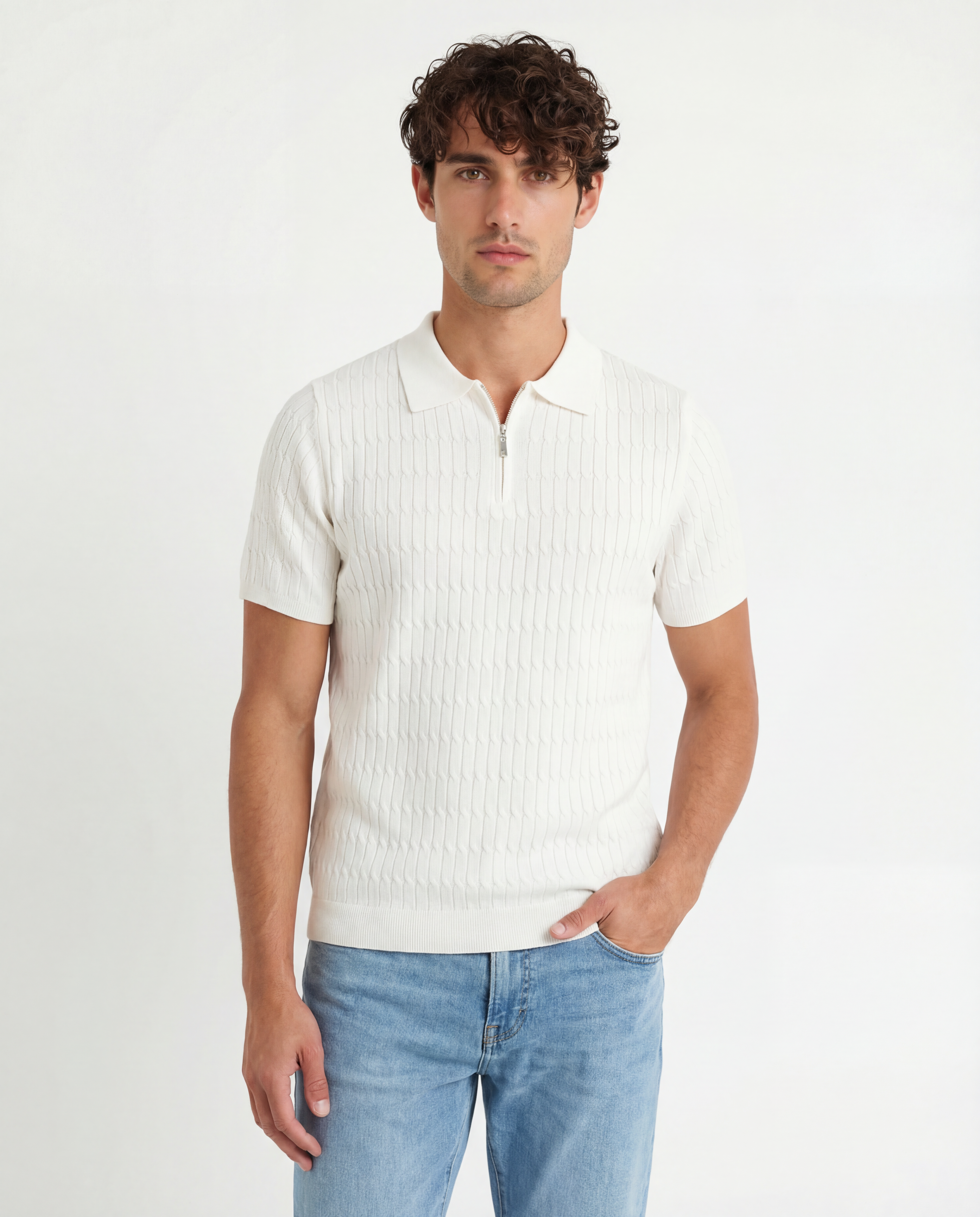 TRNS-543 Cable Knit Short Sleeve Half Zip Sweater