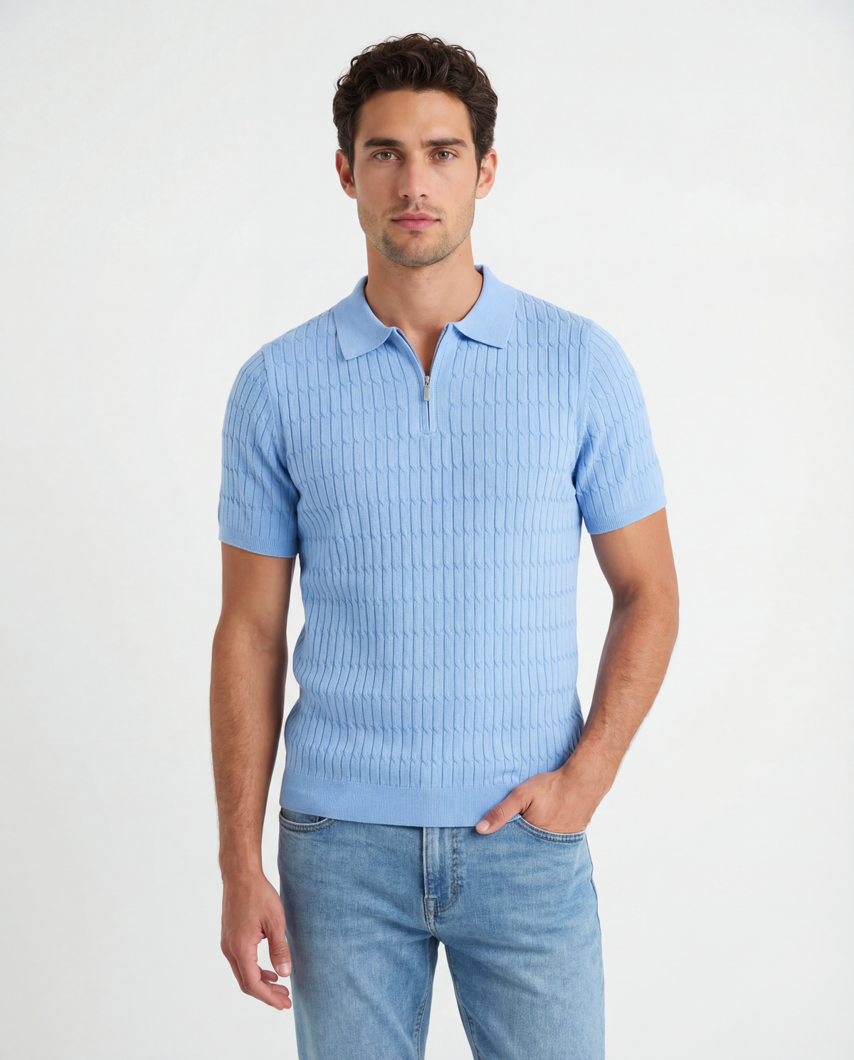 TRNS-543 Cable Knit Short Sleeve Half Zip Sweater