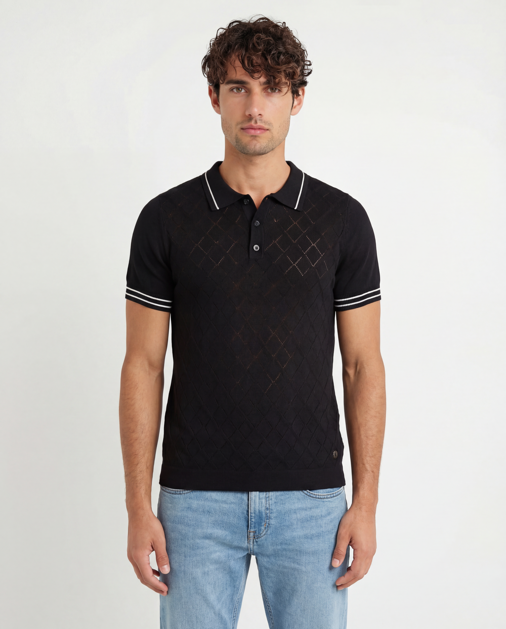 TRNS-547 Tipped Diamond Knit Short Sleeve Sweater