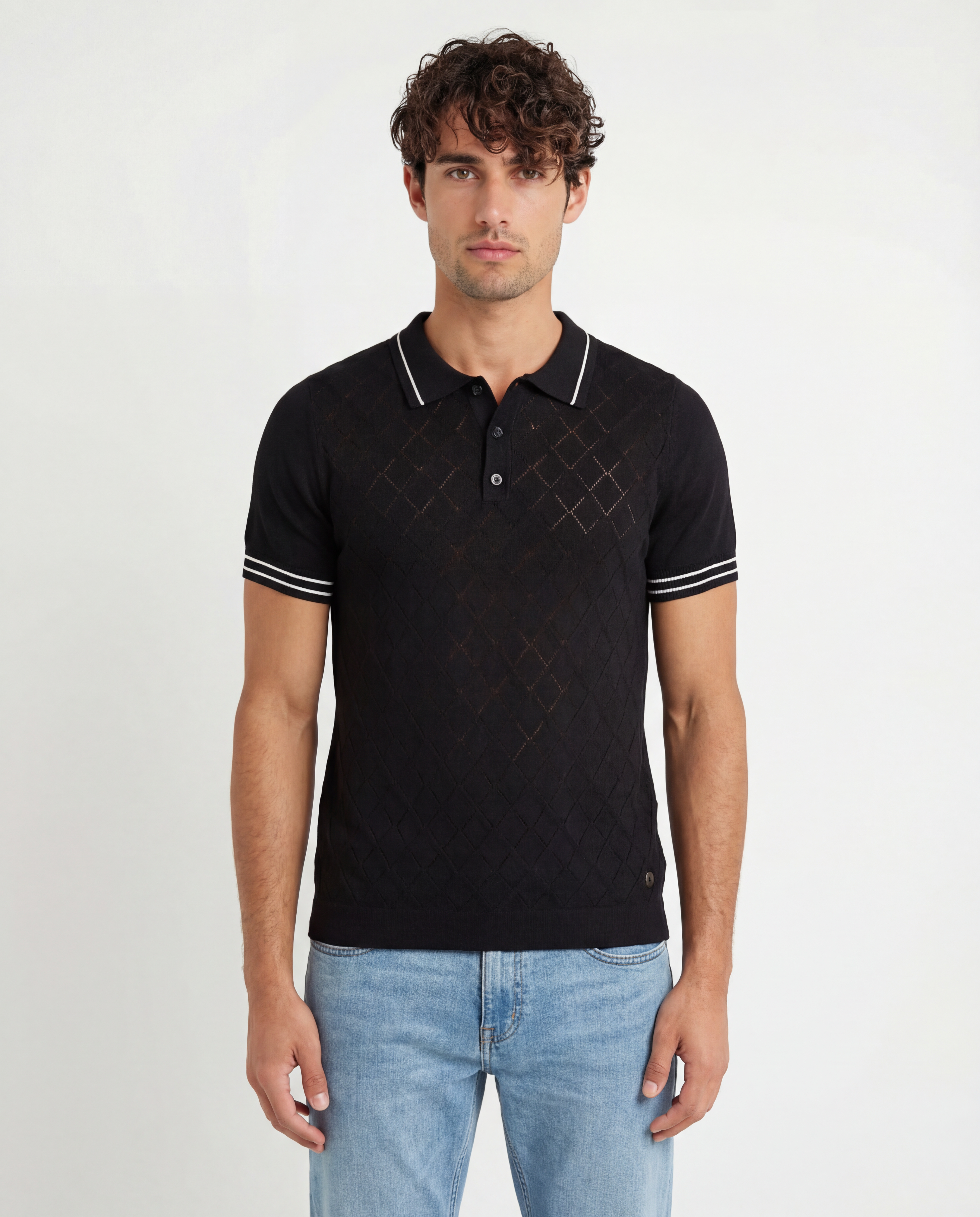 TRNS-547 Tipped Diamond Knit Short Sleeve Sweater