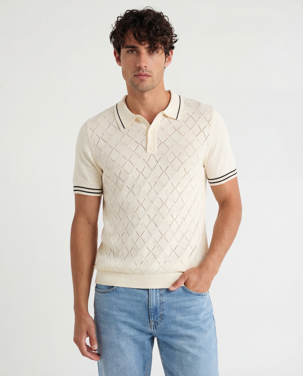 TRNS-547 Tipped Diamond Knit Short Sleeve Sweater