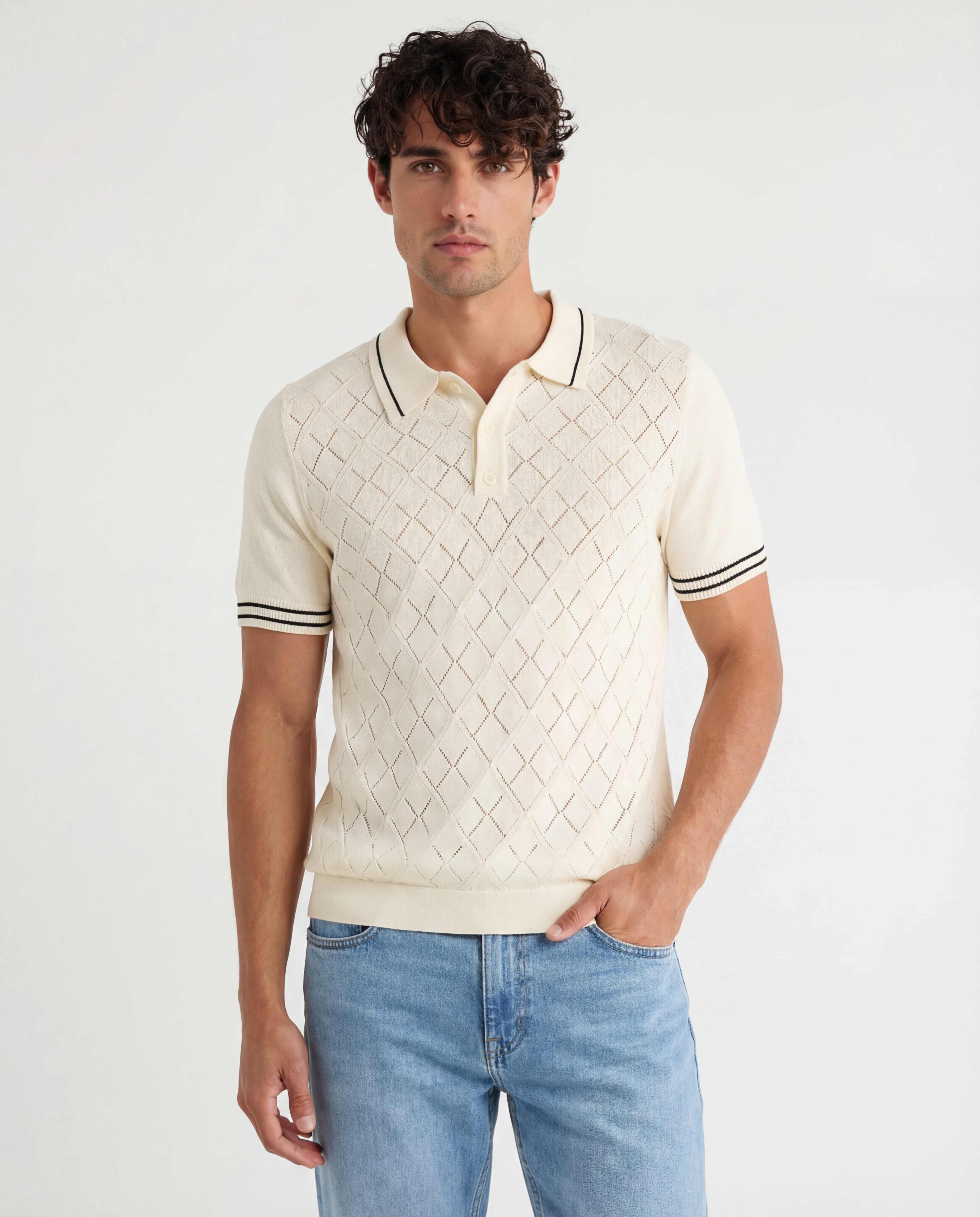 TRNS-547 Tipped Diamond Knit Short Sleeve Sweater